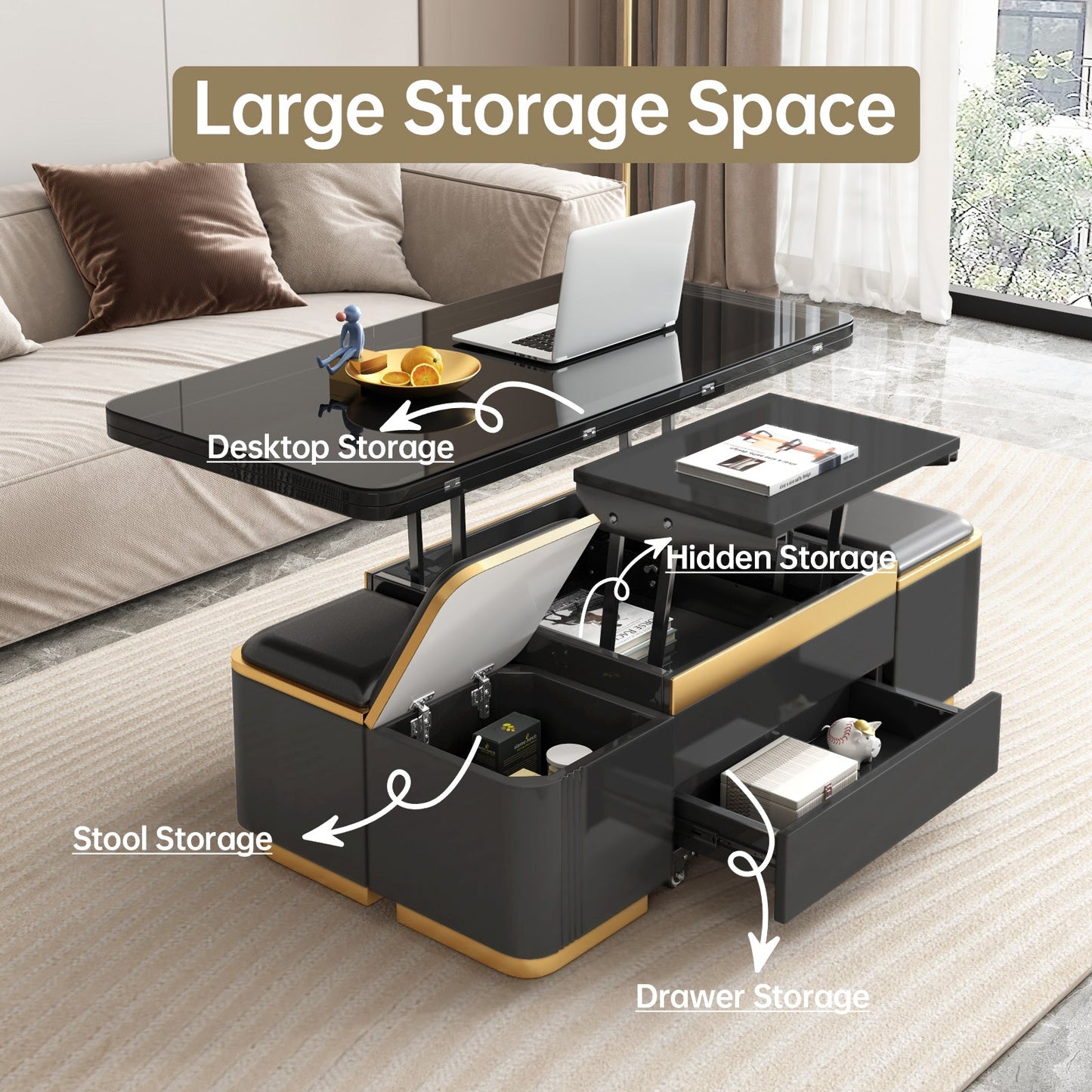 Guyii 47" Multifunctional Lift Top Coffee Table, Extendable Coffee Table with 4 Storage Stools