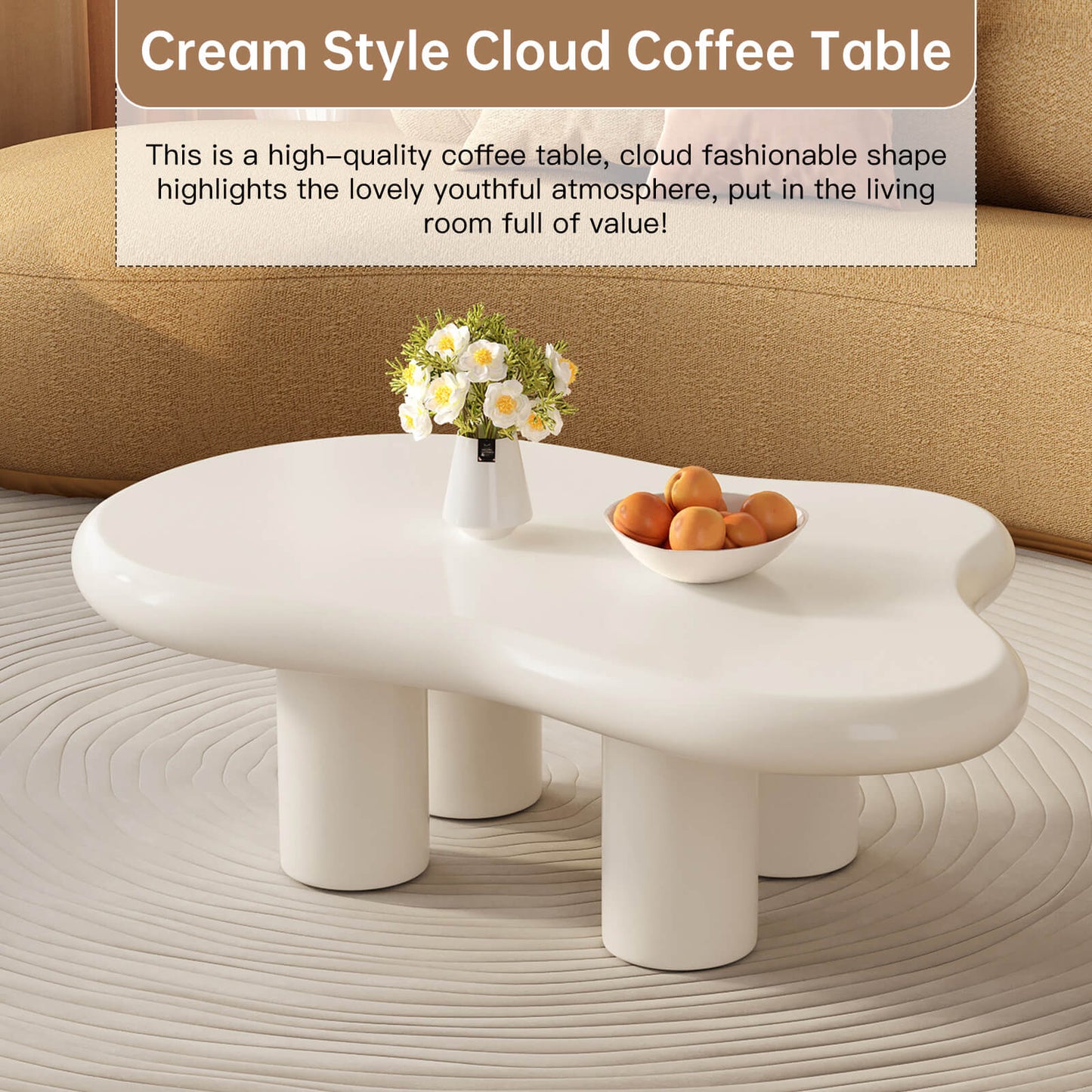Guyii 46.06" Cream White Cloud Coffee Table, Cute Modern Coffee Table with 4-Leg Design