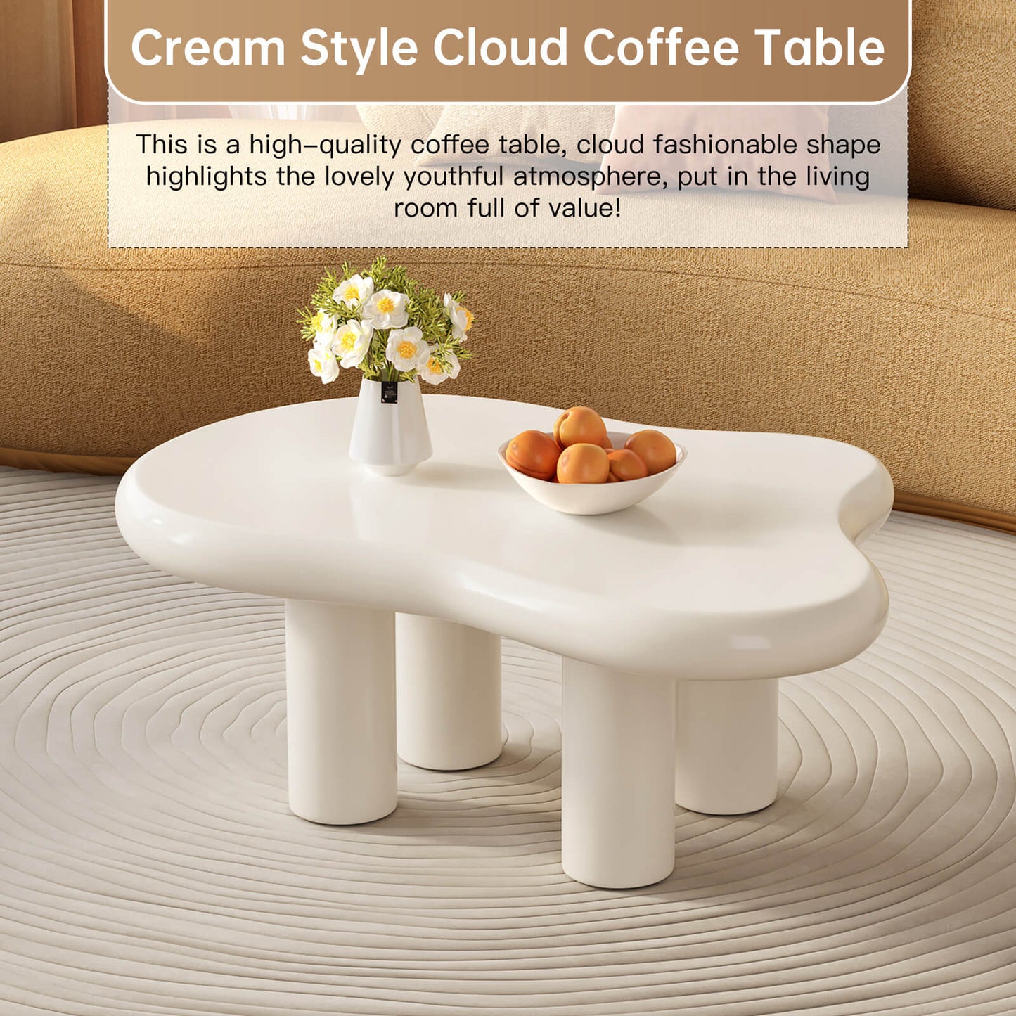 Guyii 35.82" Cream White Cloud Coffee Table, Cute Modern Coffee Table with 4-Leg Design