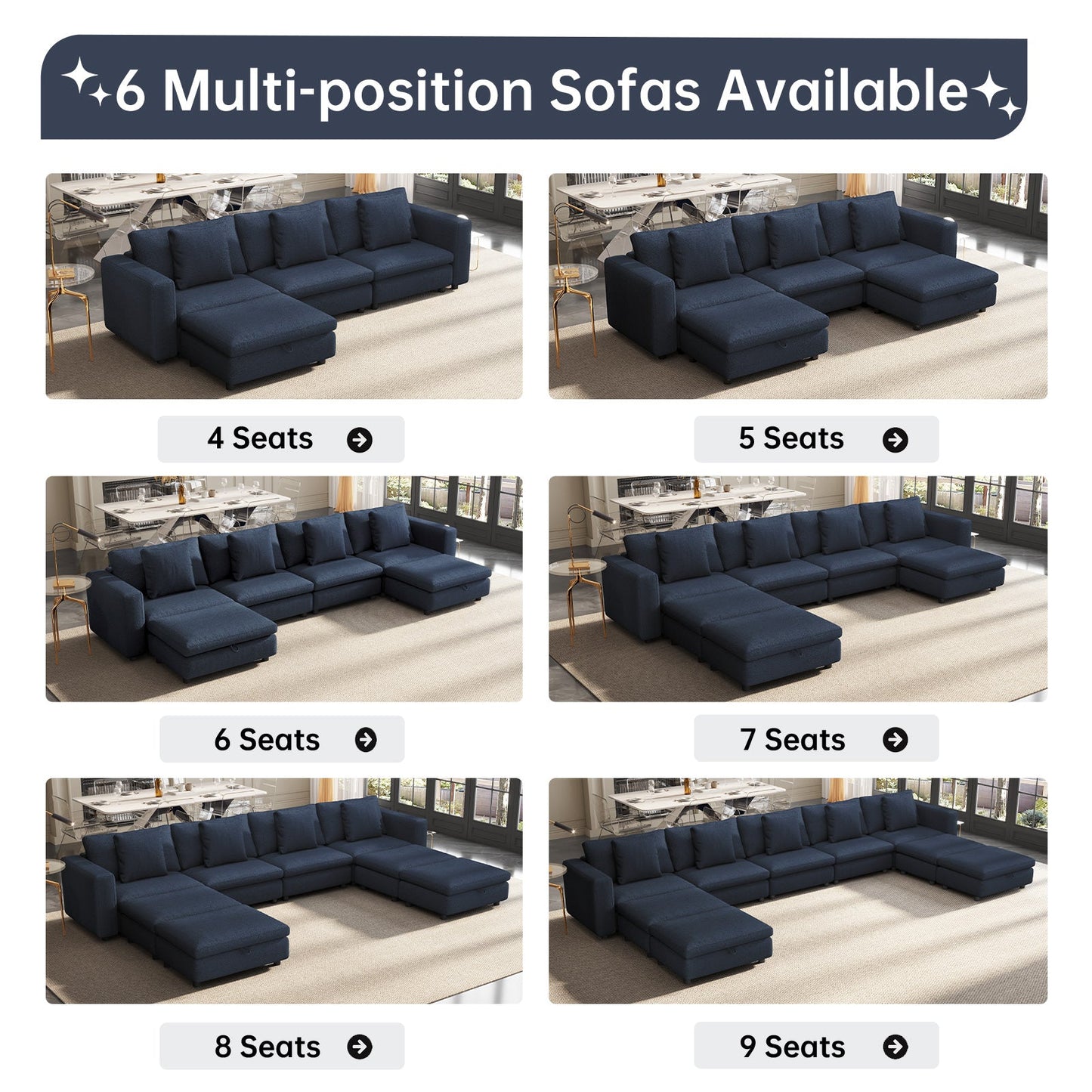 Guyii Oversized Sectional Sofa with Storage Ottoman, 4-9 Deep Seat Modular Couch for Living Room, Blue Fabric