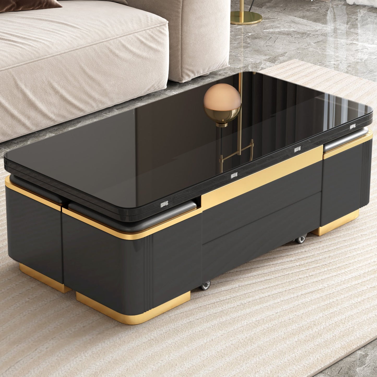 Guyii 47" Multifunctional Lift Top Coffee Table, Extendable Coffee Table with 4 Storage Stools