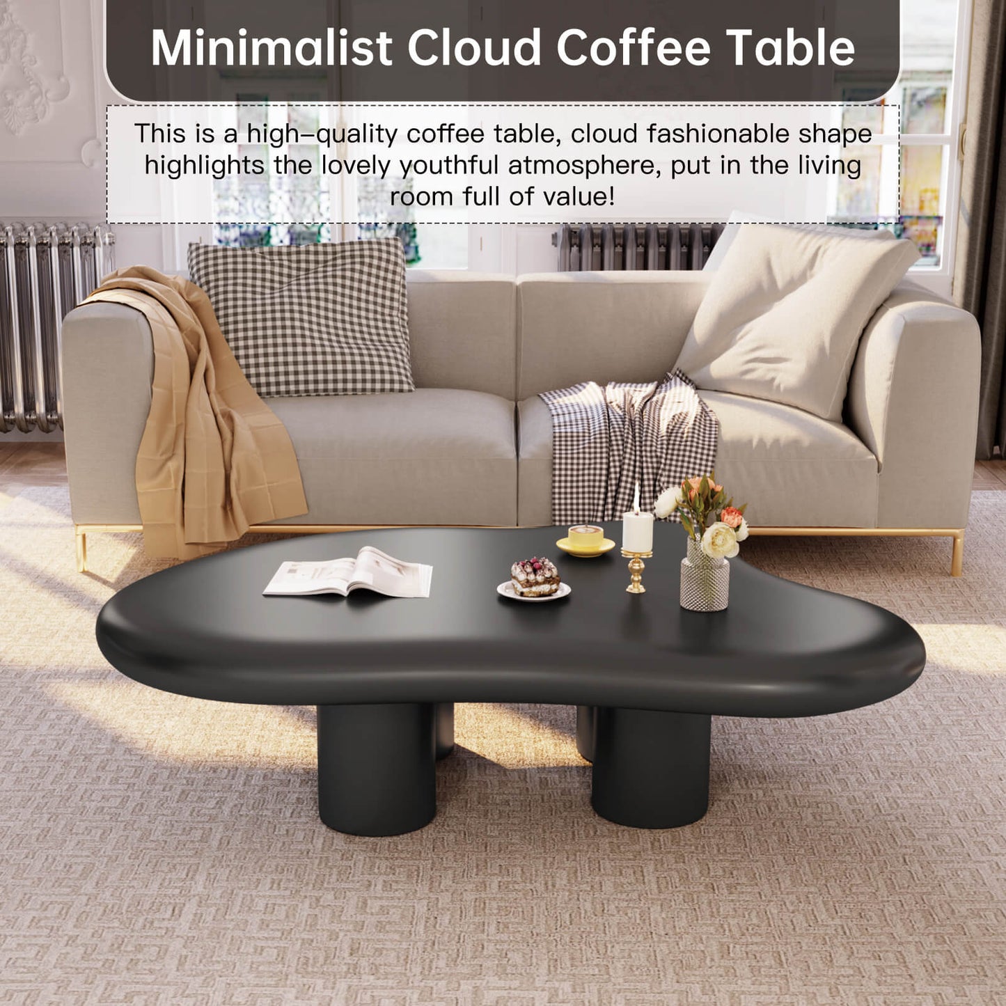 Guyii 41.02" Black Cloud Coffee Table, Cute Modern Coffee Table with 4-Leg Design