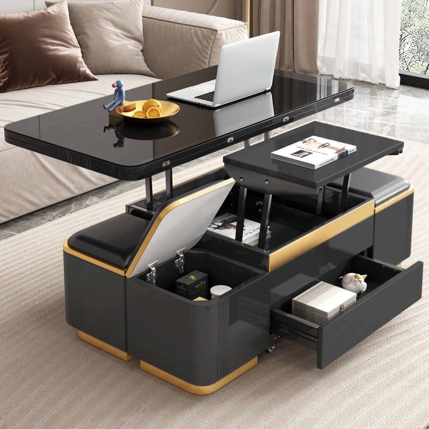 Guyii 47" Multifunctional Lift Top Coffee Table, Extendable Coffee Table with 4 Storage Stools
