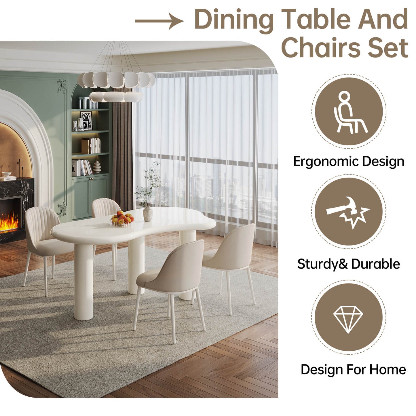 Guyii Modern Cream White Dining Table Set 62" Irregular with 6 Chairs for Kitchen