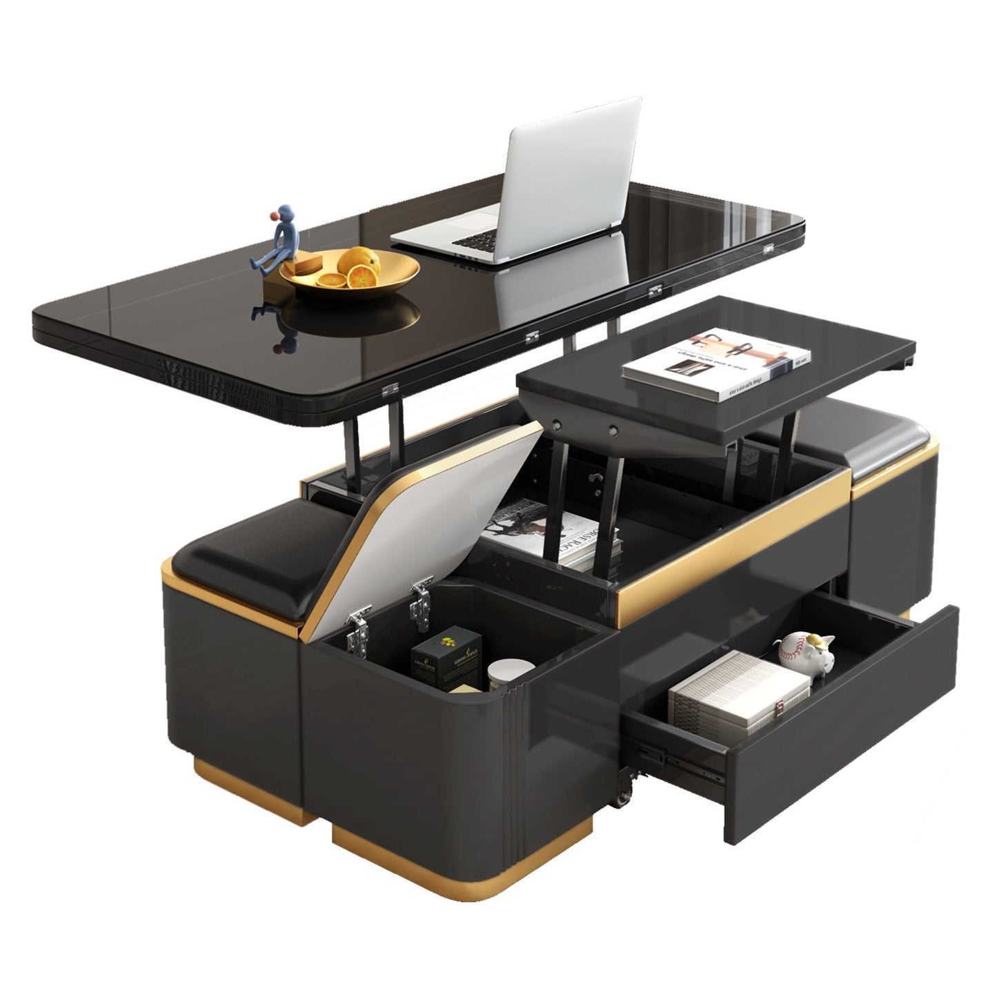 Guyii 47" Multifunctional Lift Top Coffee Table, Extendable Coffee Table with 4 Storage Stools