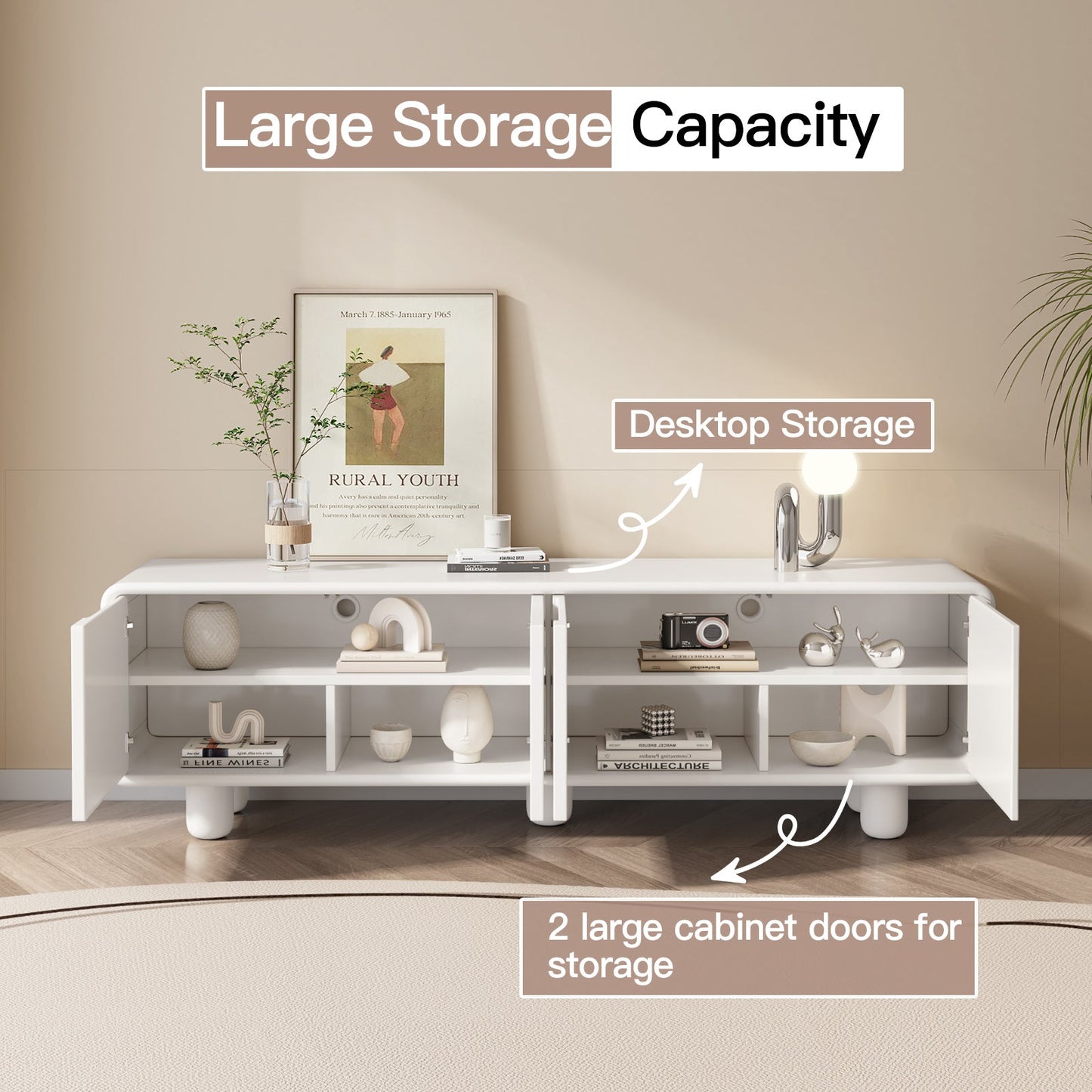 Guyii 68.89" Modern TV Cabinet, Creamy White TV Stand with 4 Storage Cabinets