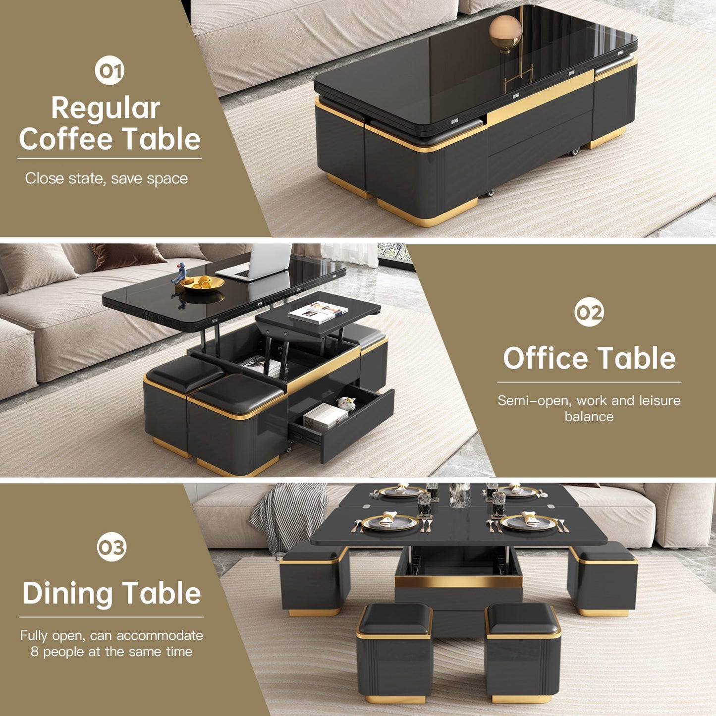 Guyii 47" Multifunctional Lift Top Coffee Table, Extendable Coffee Table with 4 Storage Stools