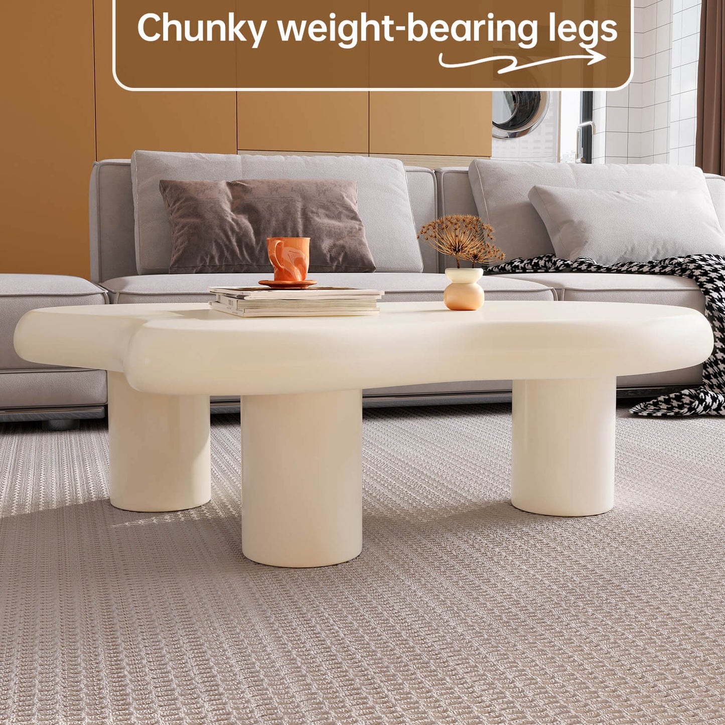 Guyii 41.02" White Cloud Coffee Table, Cute Modern Coffee Table with 3-Leg Design-Q1522DE