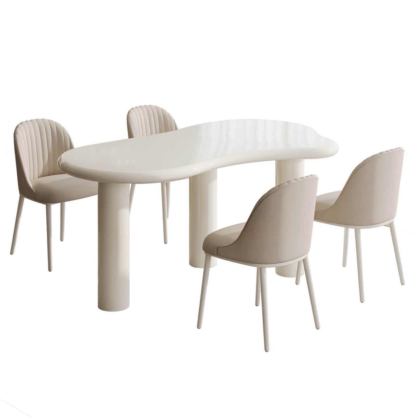 Guyii Modern Cream White Dining Table Set 62" Irregular with 4 Chairs for Kitchen