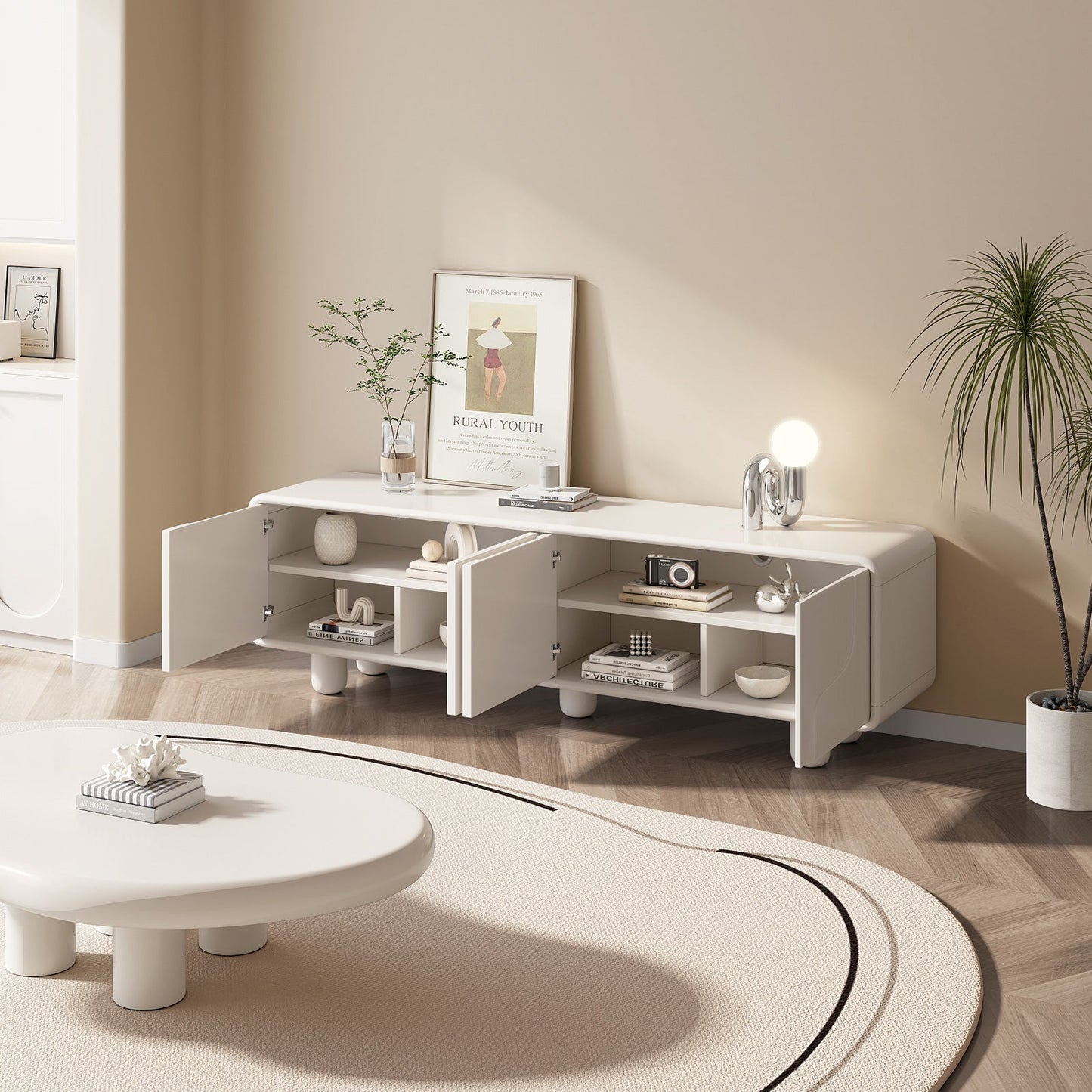 Guyii 68.89" Modern TV Cabinet, Creamy White TV Stand with 4 Storage Cabinets