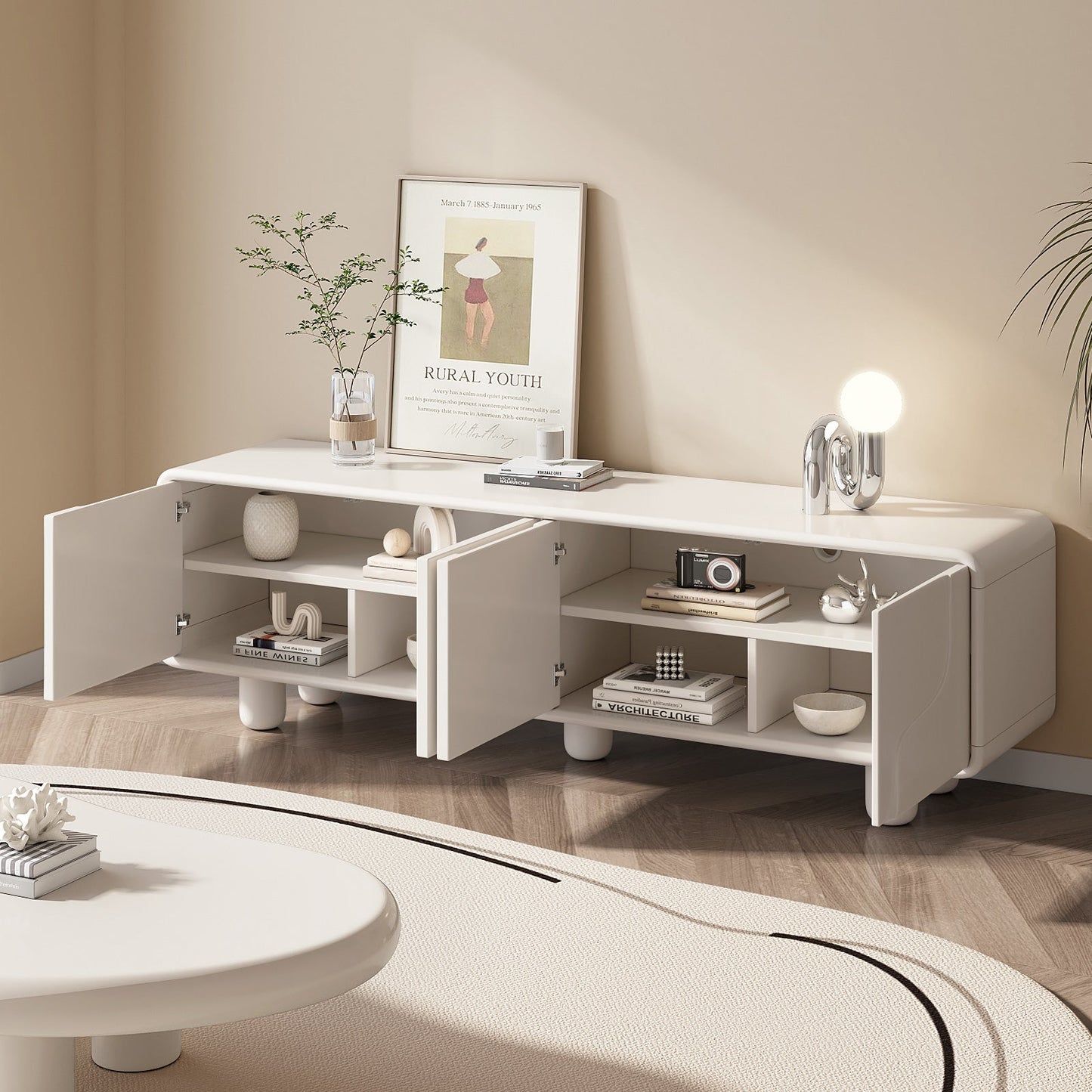 Guyii 68.89" Modern TV Cabinet, Creamy White TV Stand with 4 Storage Cabinets
