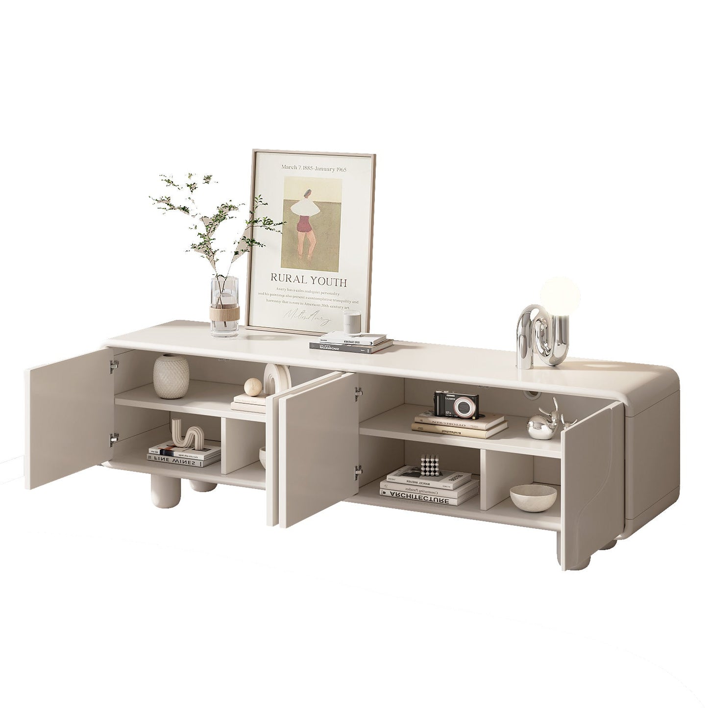 Guyii 68.89" Modern TV Cabinet, Creamy White TV Stand with 4 Storage Cabinets