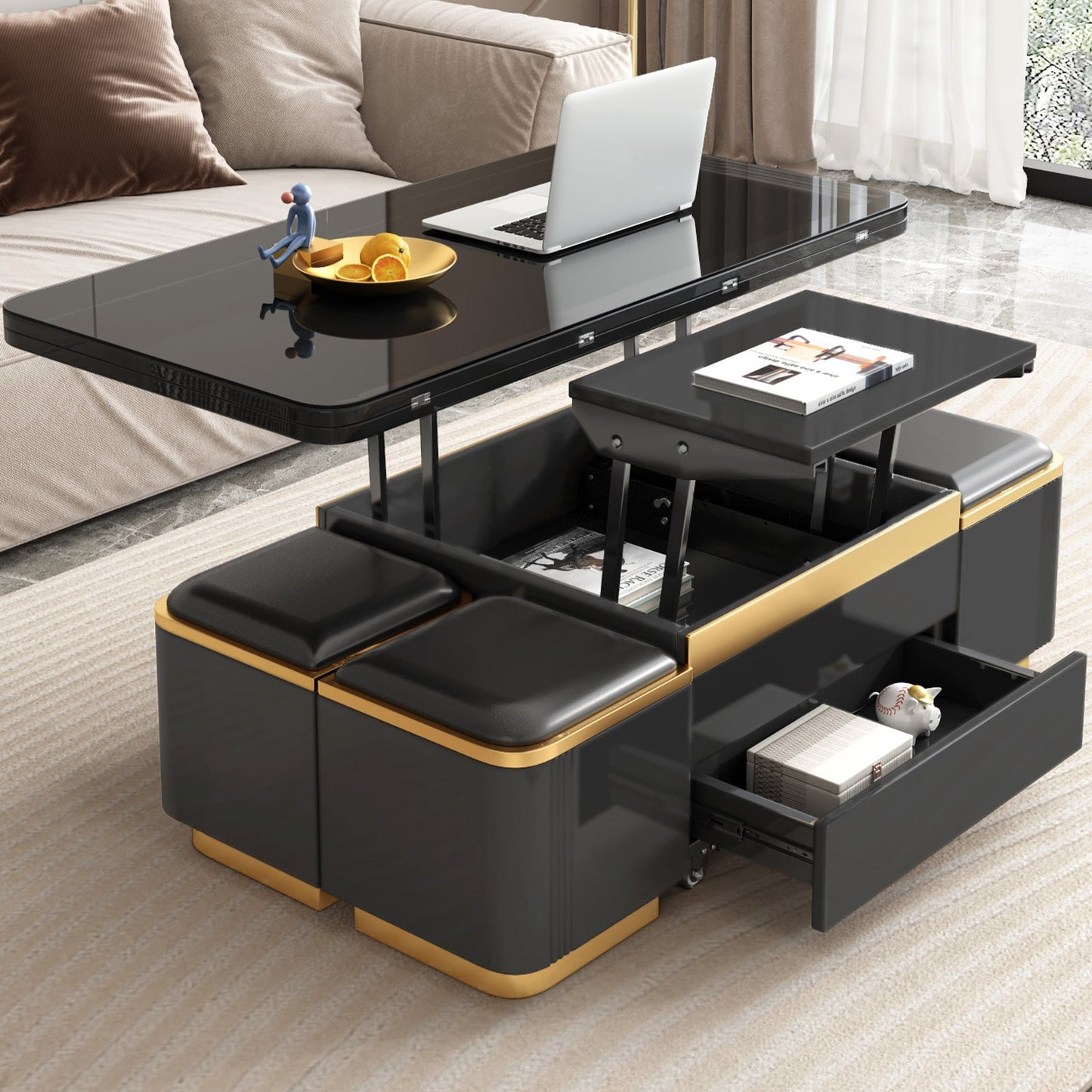 Guyii 47" Multifunctional Lift Top Coffee Table, Extendable Coffee Table with 4 Storage Stools