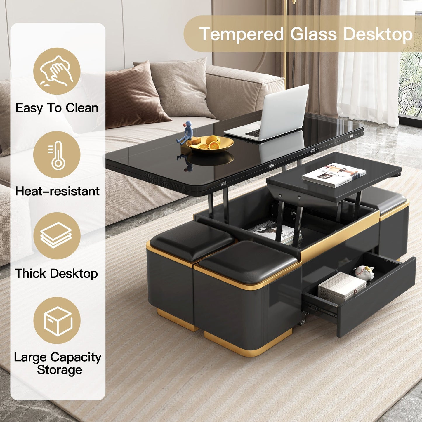 Guyii 47" Multifunctional Lift Top Coffee Table, Extendable Coffee Table with 4 Storage Stools