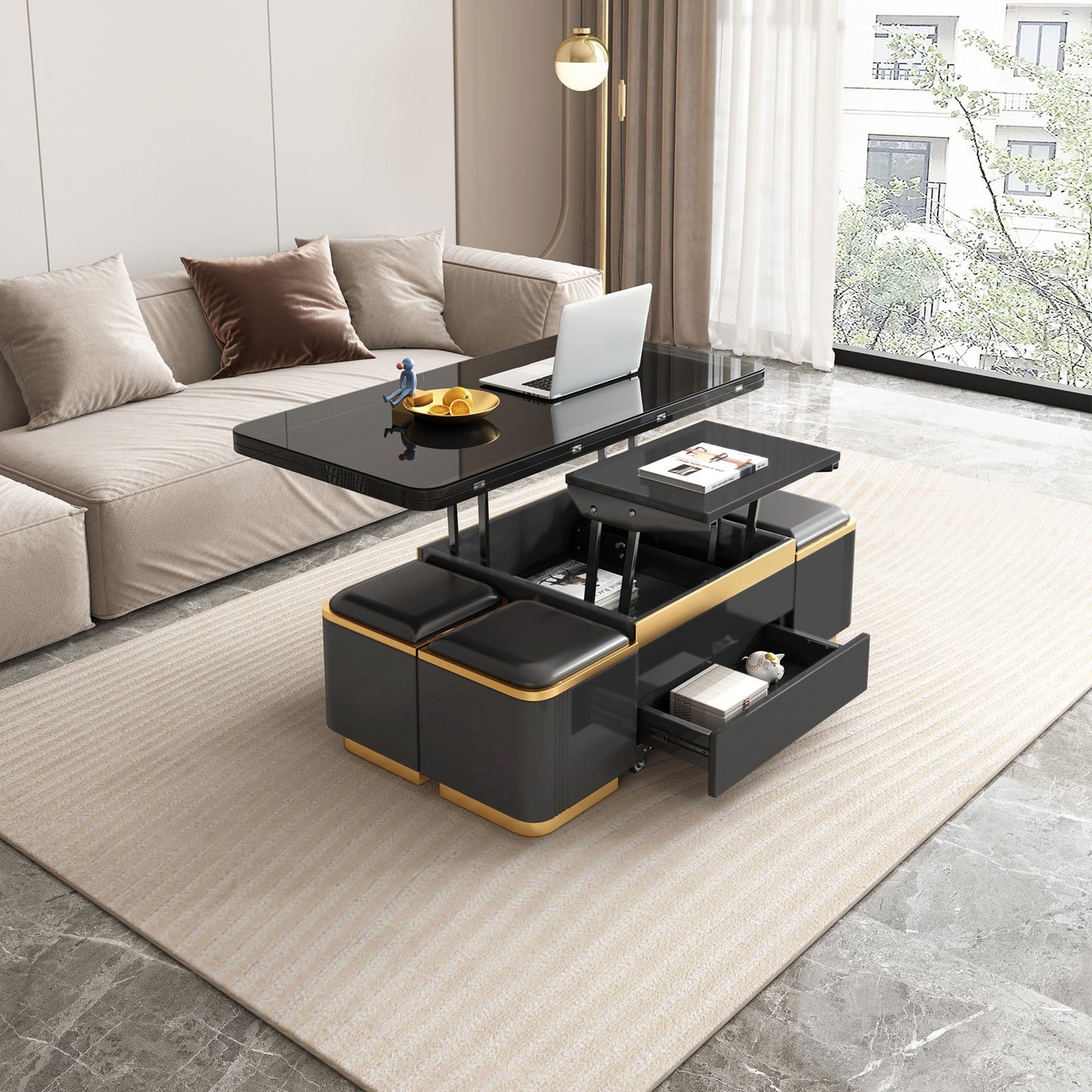 Guyii 47" Multifunctional Lift Top Coffee Table, Extendable Coffee Table with 4 Storage Stools