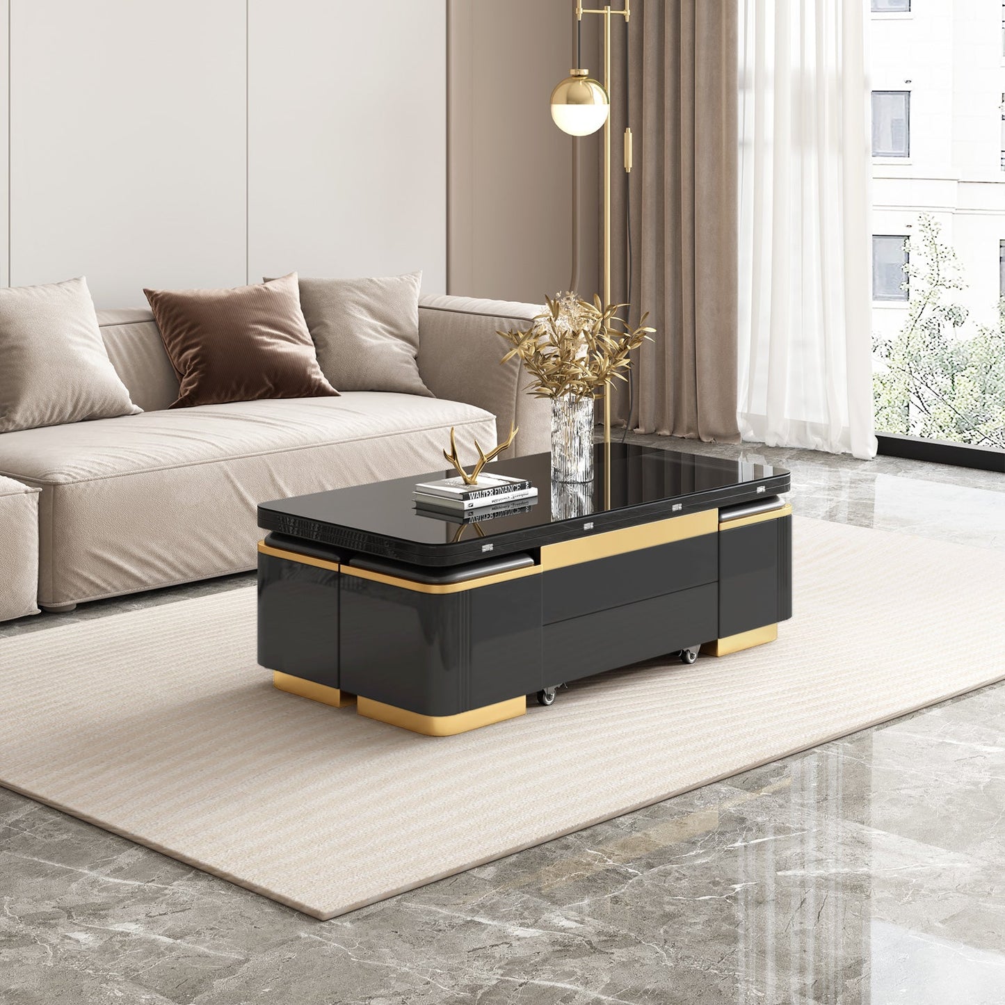 Guyii 47" Multifunctional Lift Top Coffee Table, Extendable Coffee Table with 4 Storage Stools