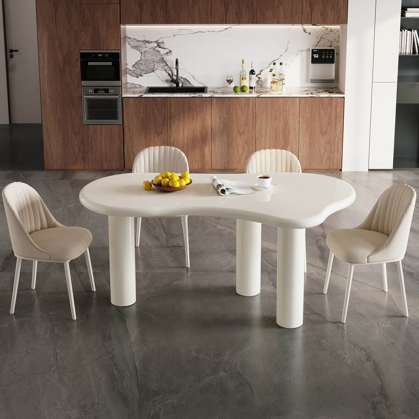Guyii Modern Cream White Dining Table Set 62" Irregular with 4 Chairs for Kitchen