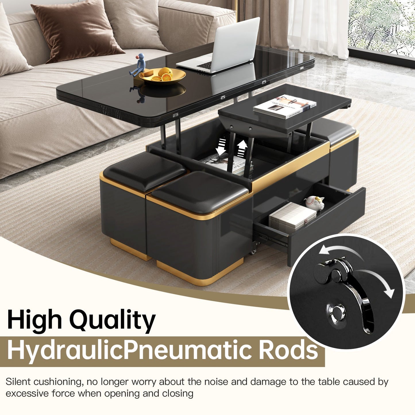 Guyii 47" Multifunctional Lift Top Coffee Table, Extendable Coffee Table with 4 Storage Stools
