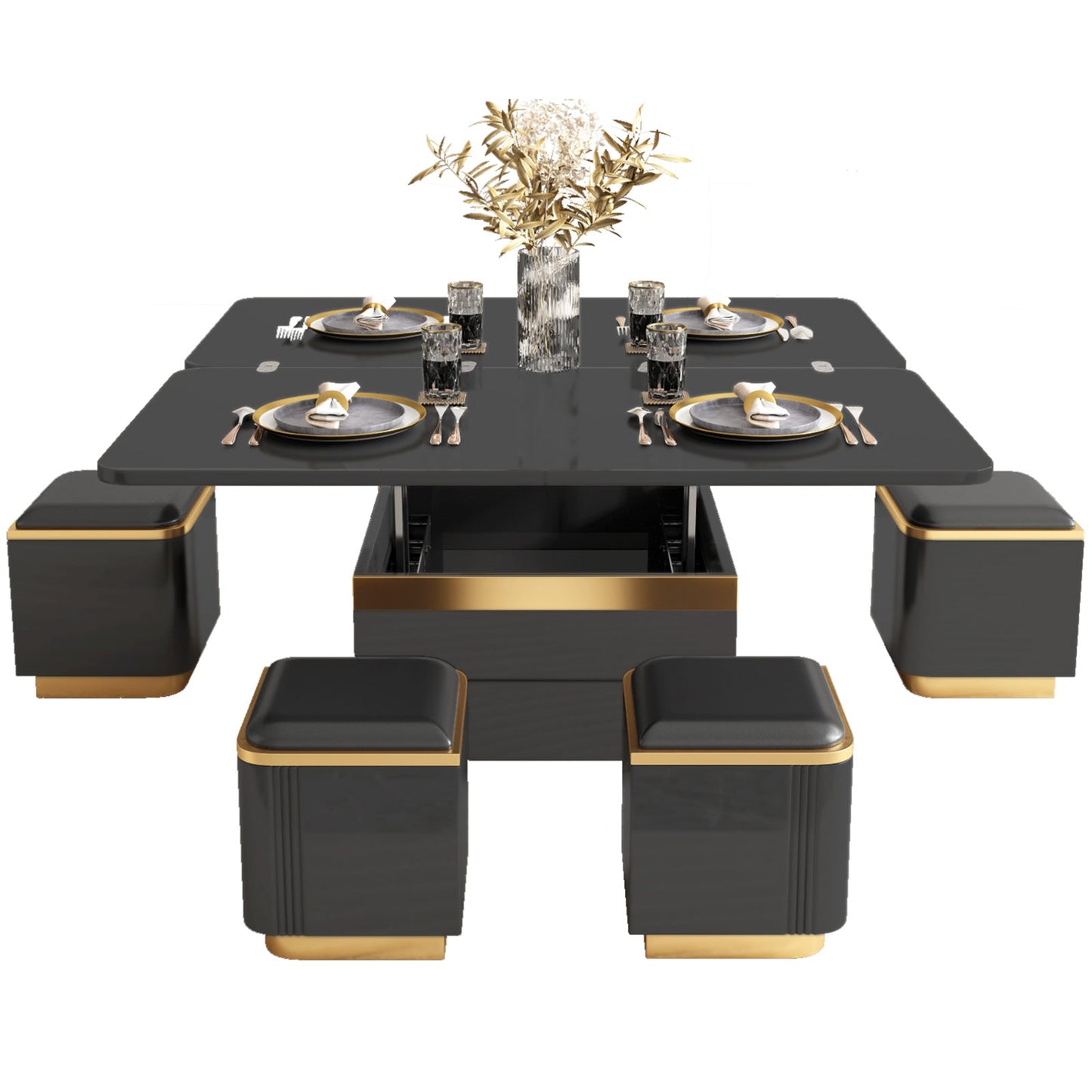 Guyii 47" Multifunctional Lift Top Coffee Table, Extendable Coffee Table with 4 Storage Stools