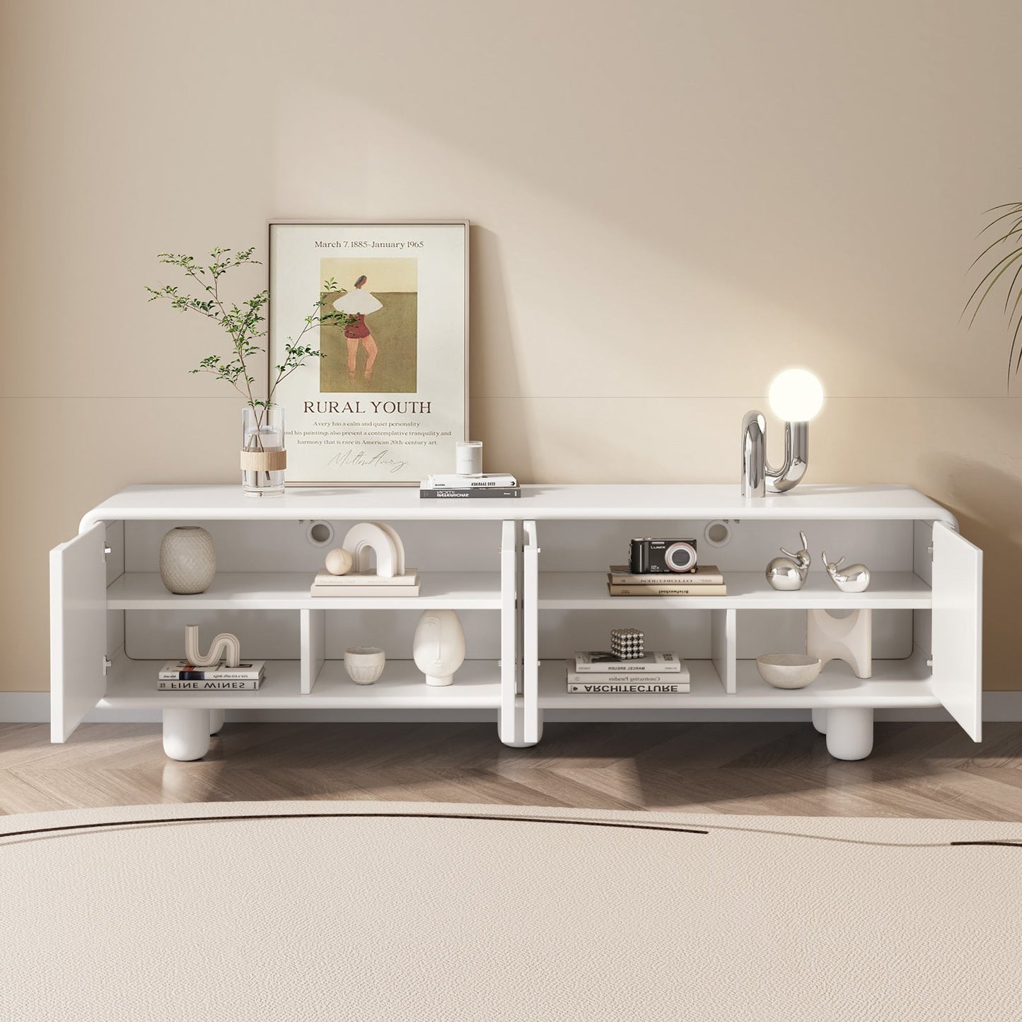 Guyii 68.89" Modern TV Cabinet, Creamy White TV Stand with 4 Storage Cabinets