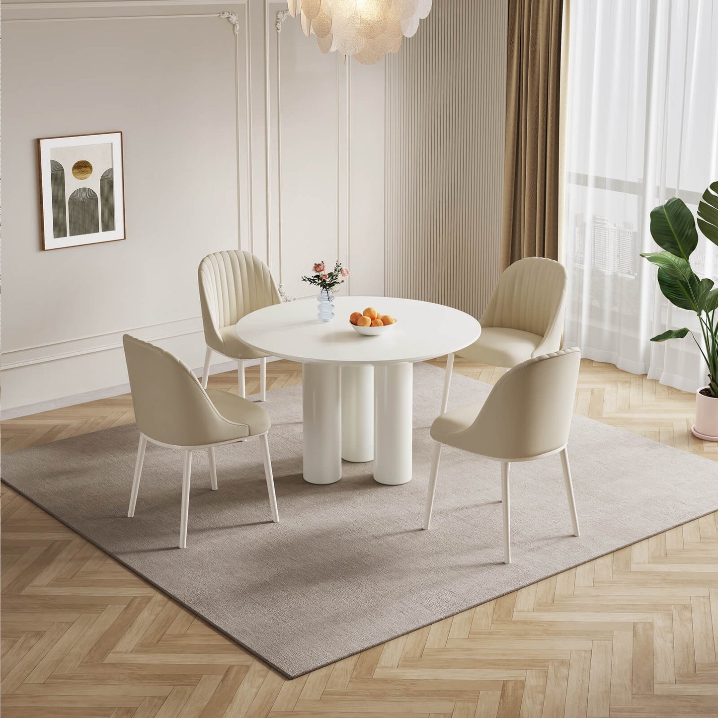 Guyii 46.06" Cream White Dining Table Set with 4 Chairs, Modern Round Kitchen Table | L5294-DE