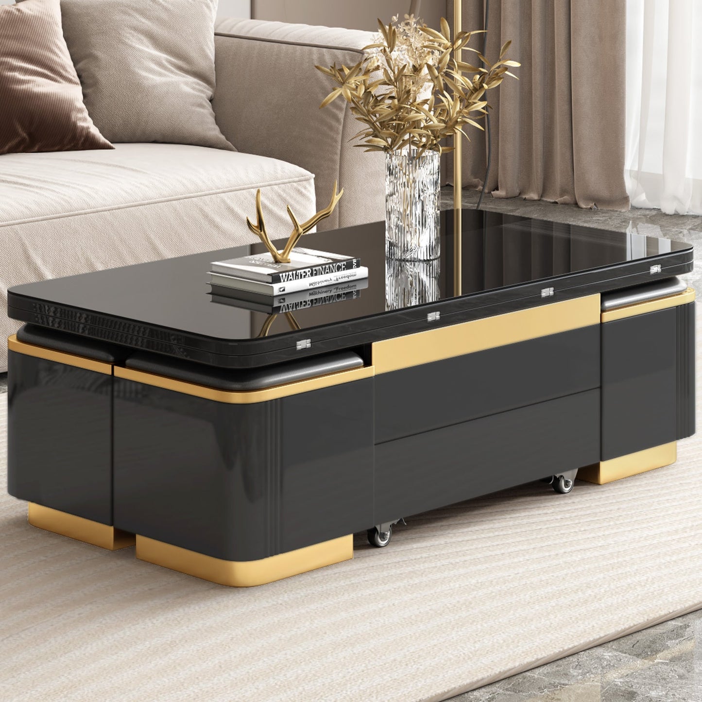 Guyii 47" Multifunctional Lift Top Coffee Table, Extendable Coffee Table with 4 Storage Stools