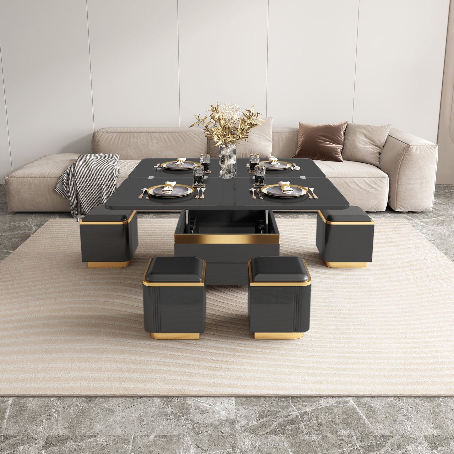 Guyii 47" Multifunctional Lift Top Coffee Table, Extendable Coffee Table with 4 Storage Stools