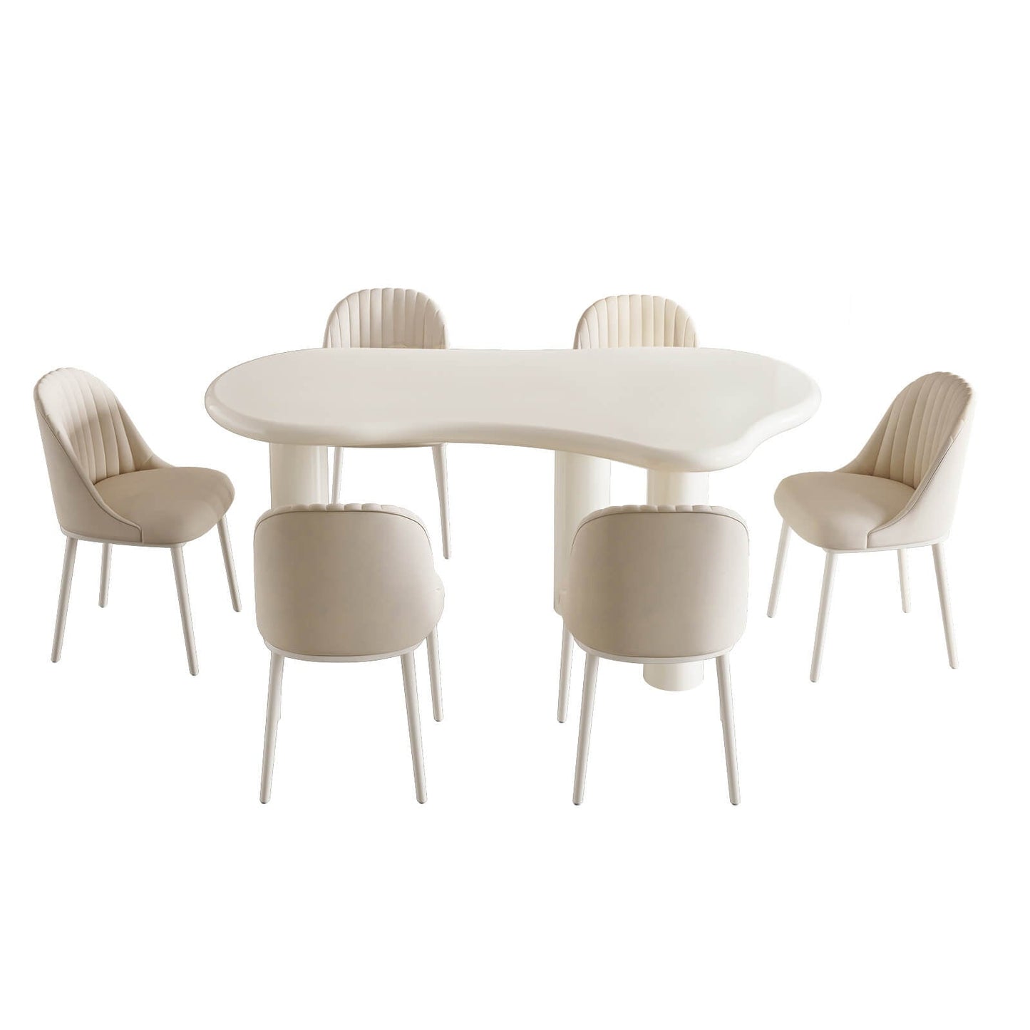 Guyii Modern Cream White Dining Table Set 62" Irregular with 6 Chairs for Kitchen