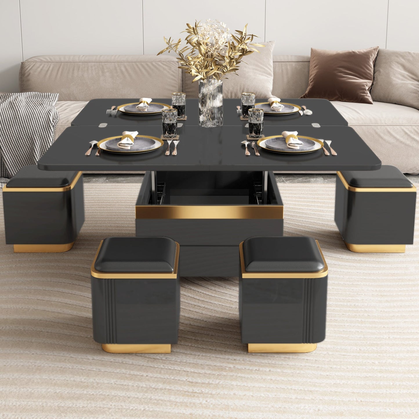 Guyii 47" Multifunctional Lift Top Coffee Table, Extendable Coffee Table with 4 Storage Stools