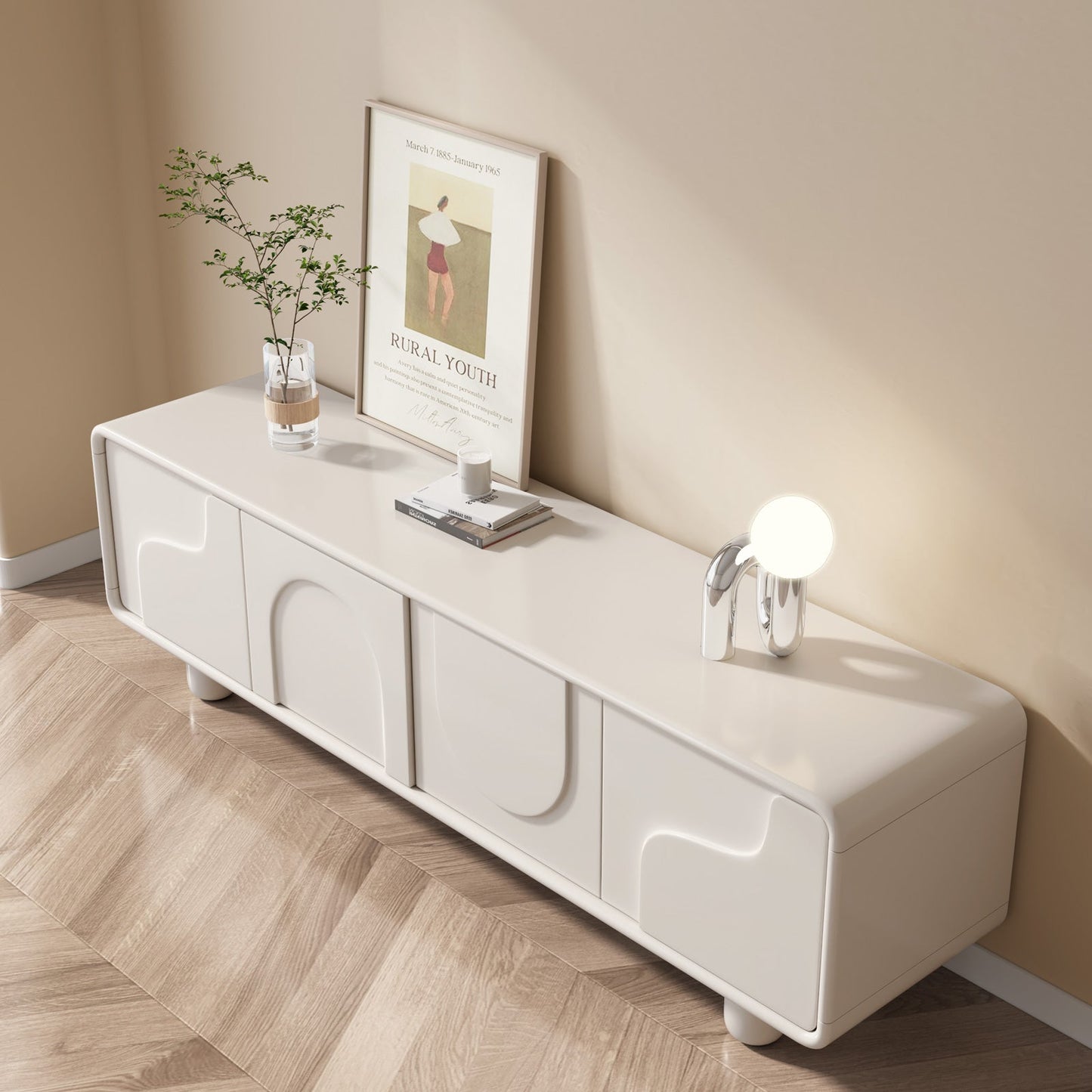 Guyii 68.89" Modern TV Cabinet, Creamy White TV Stand with 4 Storage Cabinets