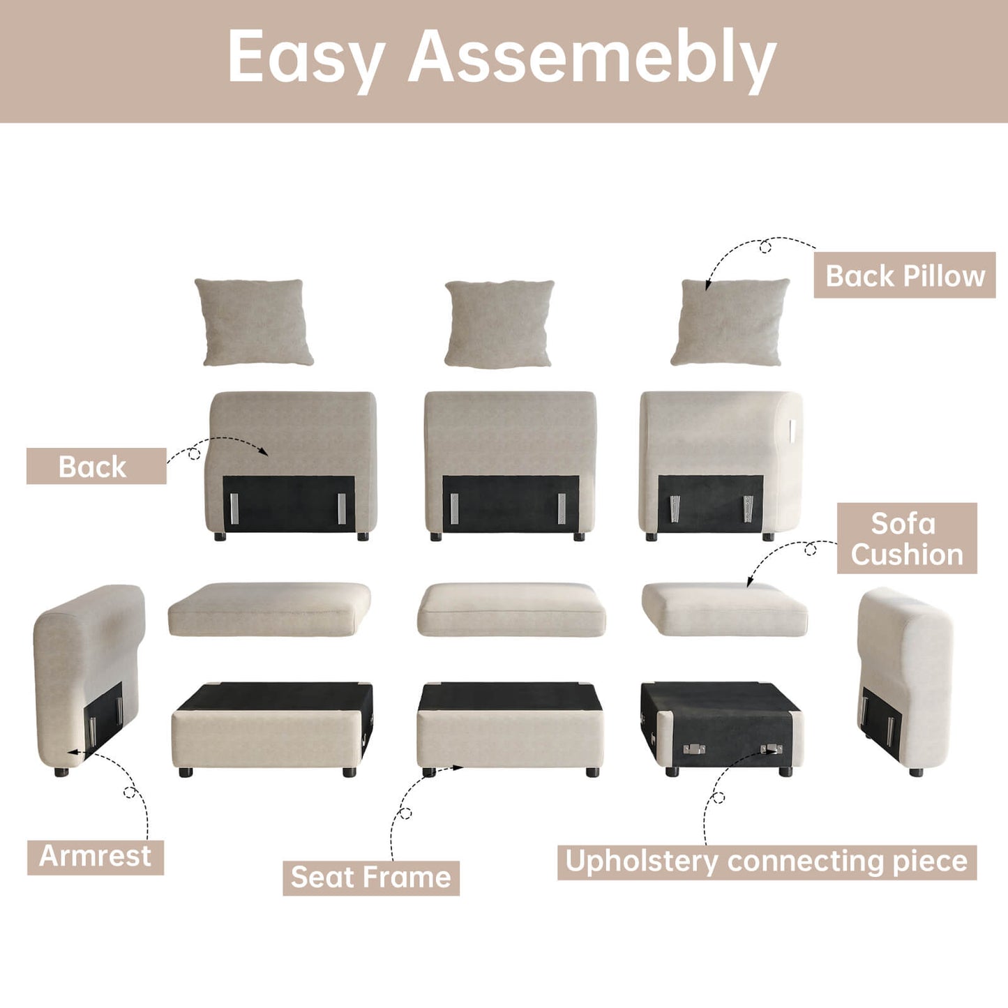 Guyii Beige Velvet Sectional Sofa, Modern Oversized 8-Seater Couch with 4 Pillows and 4 Storage Ottomans