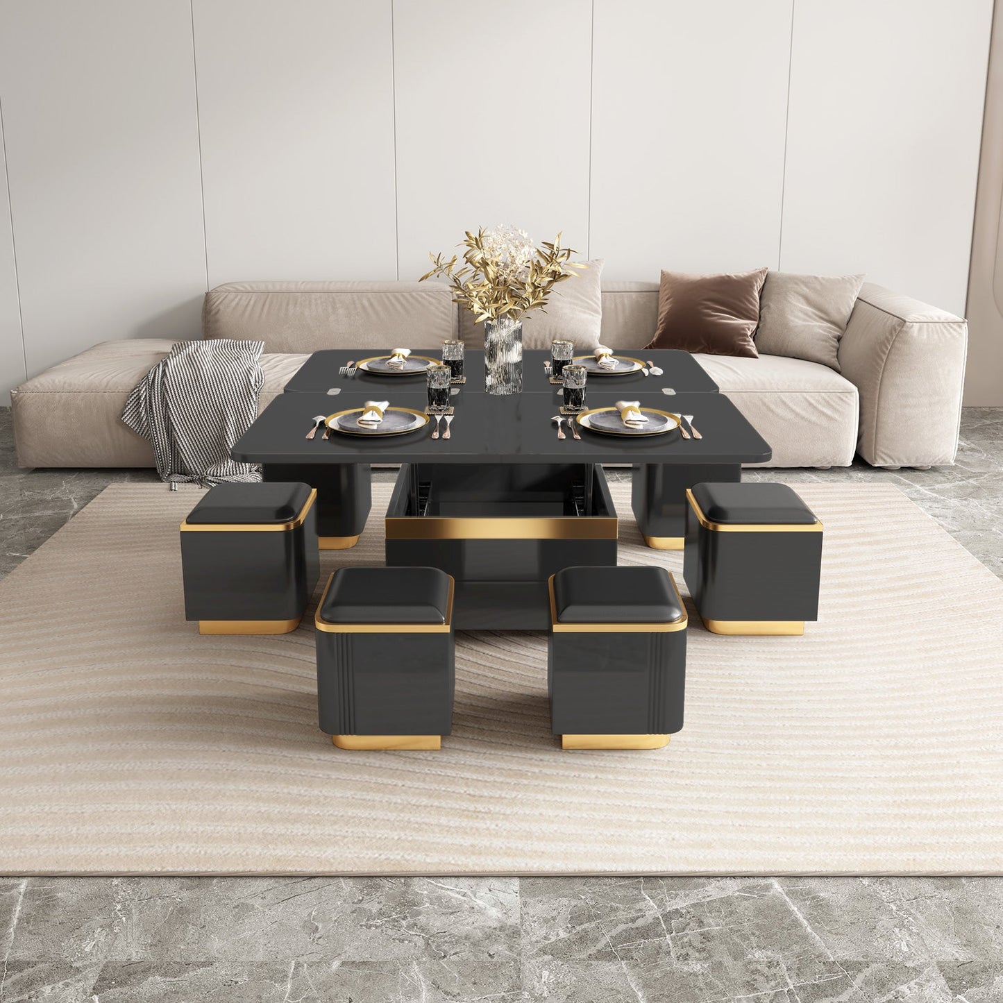 Guyii Multifunctional Lift Top Coffee Table with 4 Storage Stools, Extendable Dining & Work Table, Space-Saving|Q1449-UK