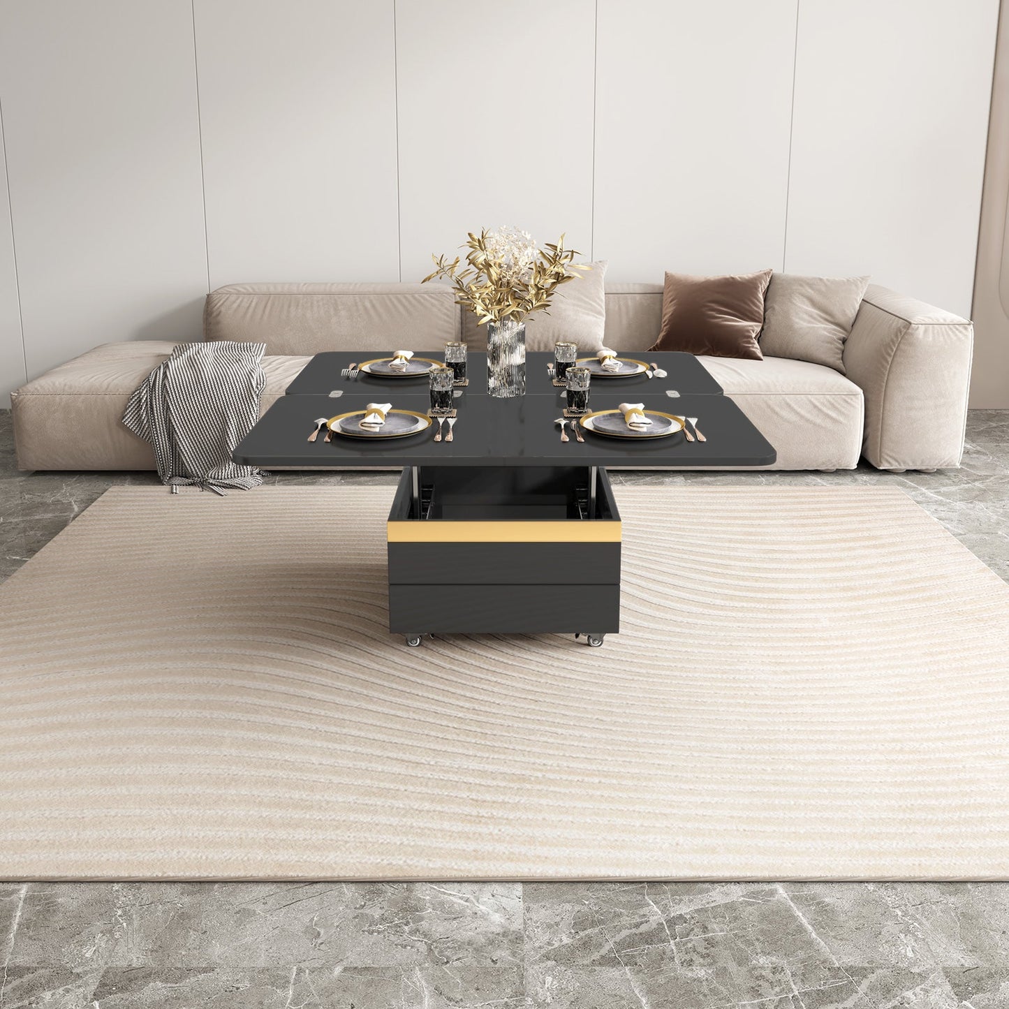 Guyii Multifunctional Lift Top Coffee Table with 4 Storage Stools, Extendable Dining & Work Table, Space-Saving|Q1449-UK