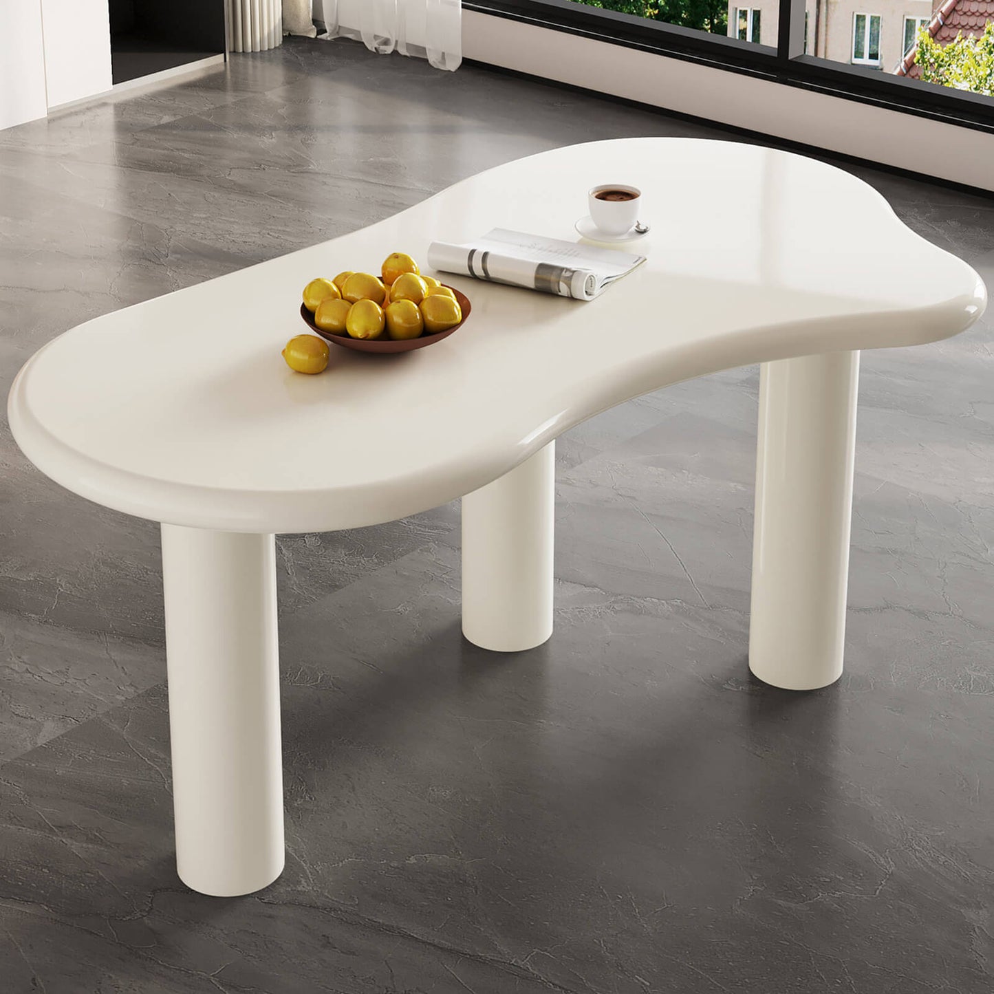 Guyii Modern Cream White Dining Table Set 62" Irregular with 6 Chairs for Kitchen