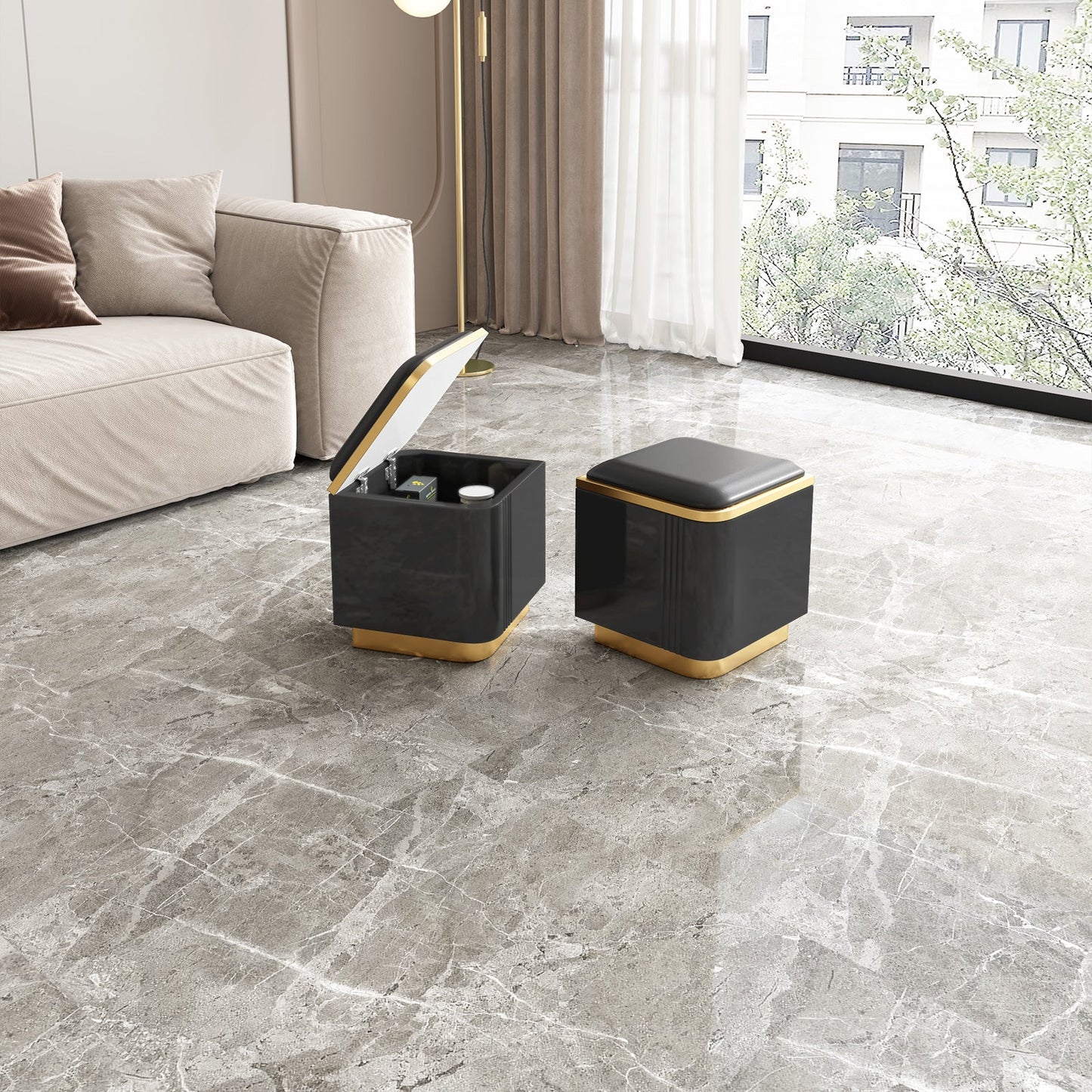 Guyii 47" Multifunctional Lift Top Coffee Table, Extendable Coffee Table with 4 Storage Stools