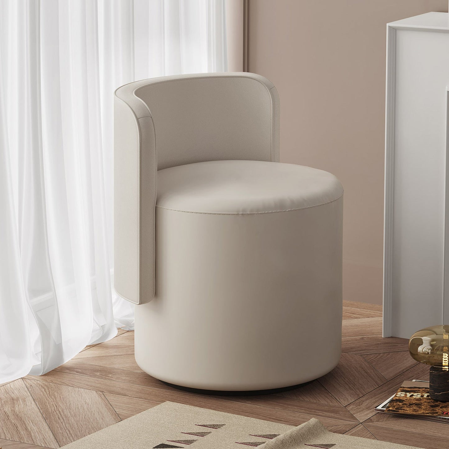 Guyii Cream White Rotating Ottoman Stool with Curved Backrest, Vanity Chair, Adjustable Makeup Pouf Seat for Living Room & Bedroom