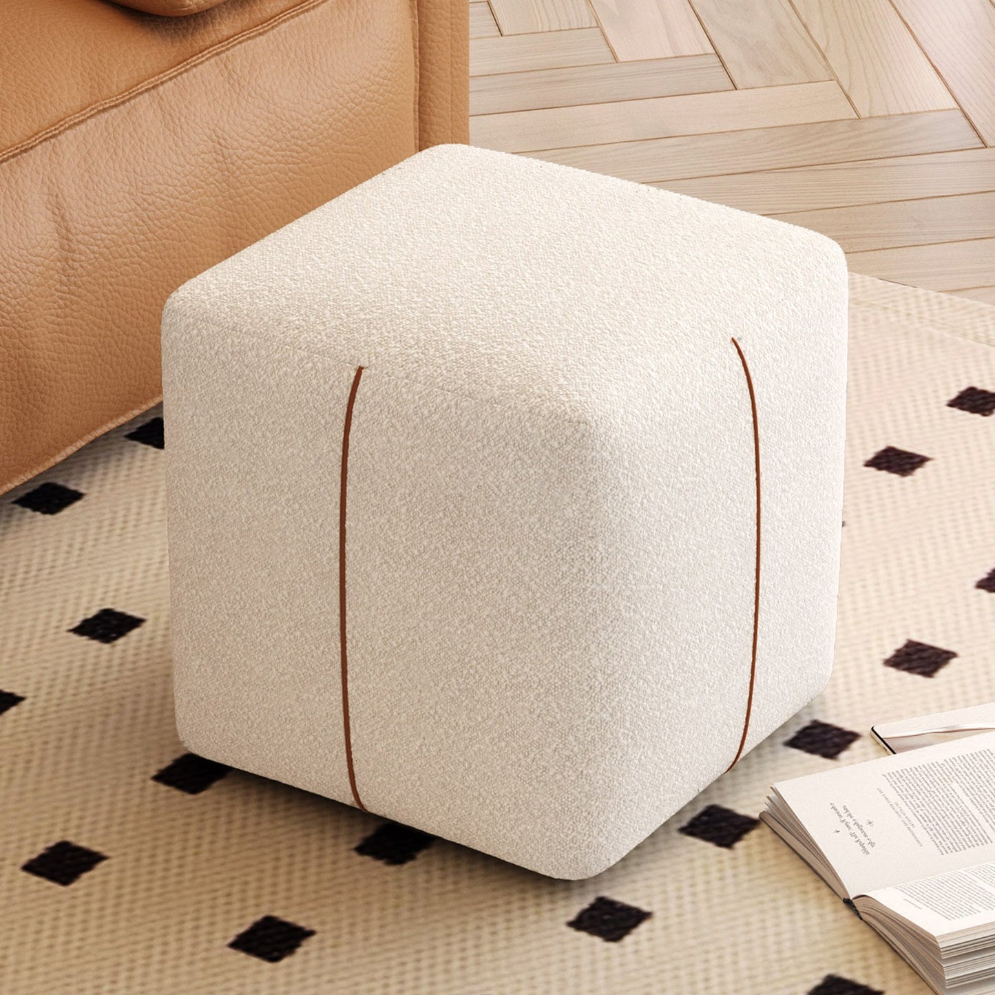 Guyii Beige Square Stool – Modern Upholstered Low Ottoman for Bedroom, Living Room, Entryway