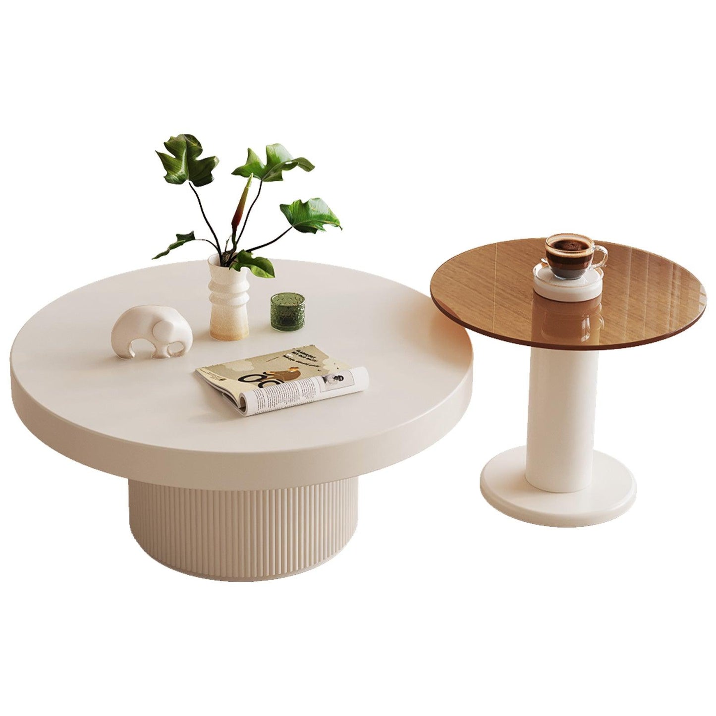 Guyii Round Nested Coffee Table Set, Creamy White & Glass Side Table for Living Room