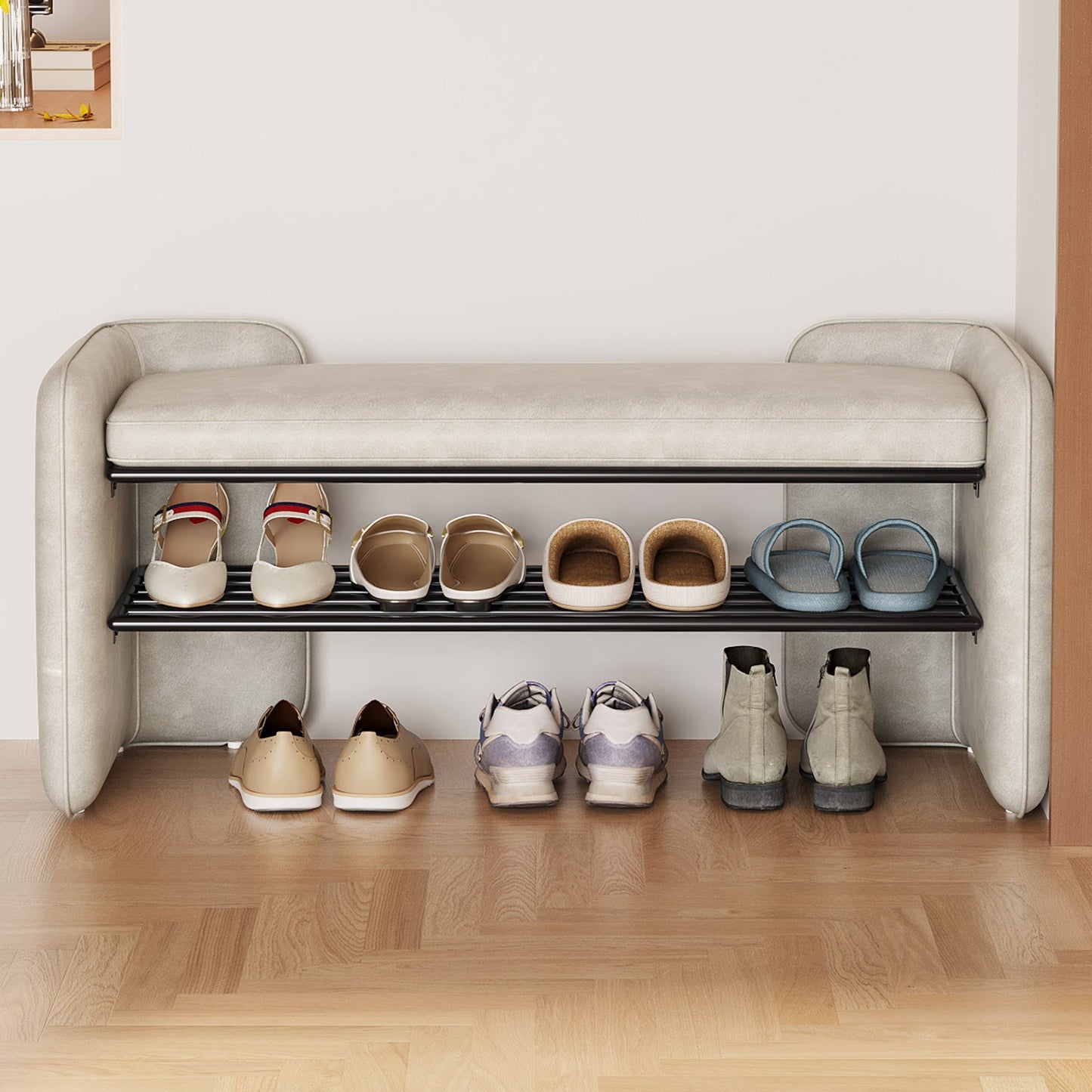 Guyii 47" Entryway Shoe Bench with Cushion, 1-Tier Storage Shelf & Hidden Compartment