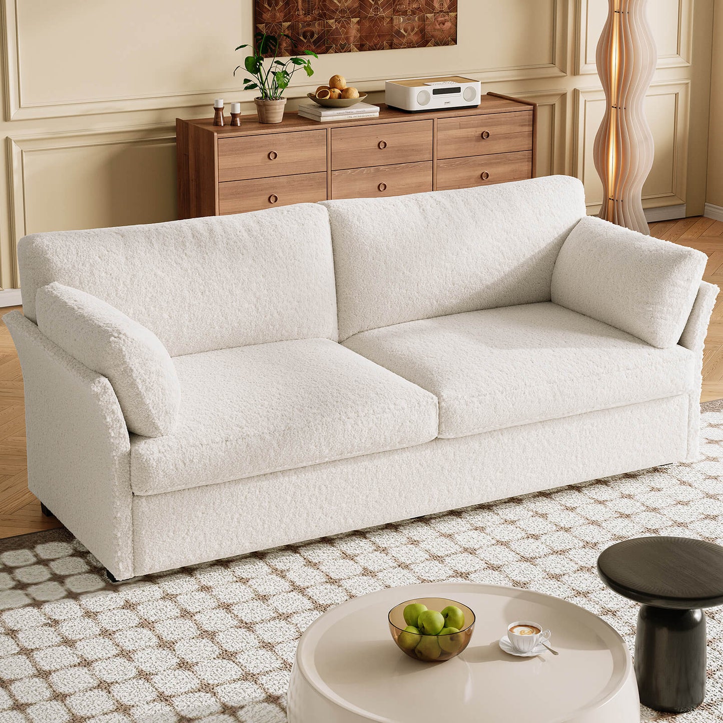 Guyii Beige Loveseat Sofa - Small 2-Seater with 2 Pillows