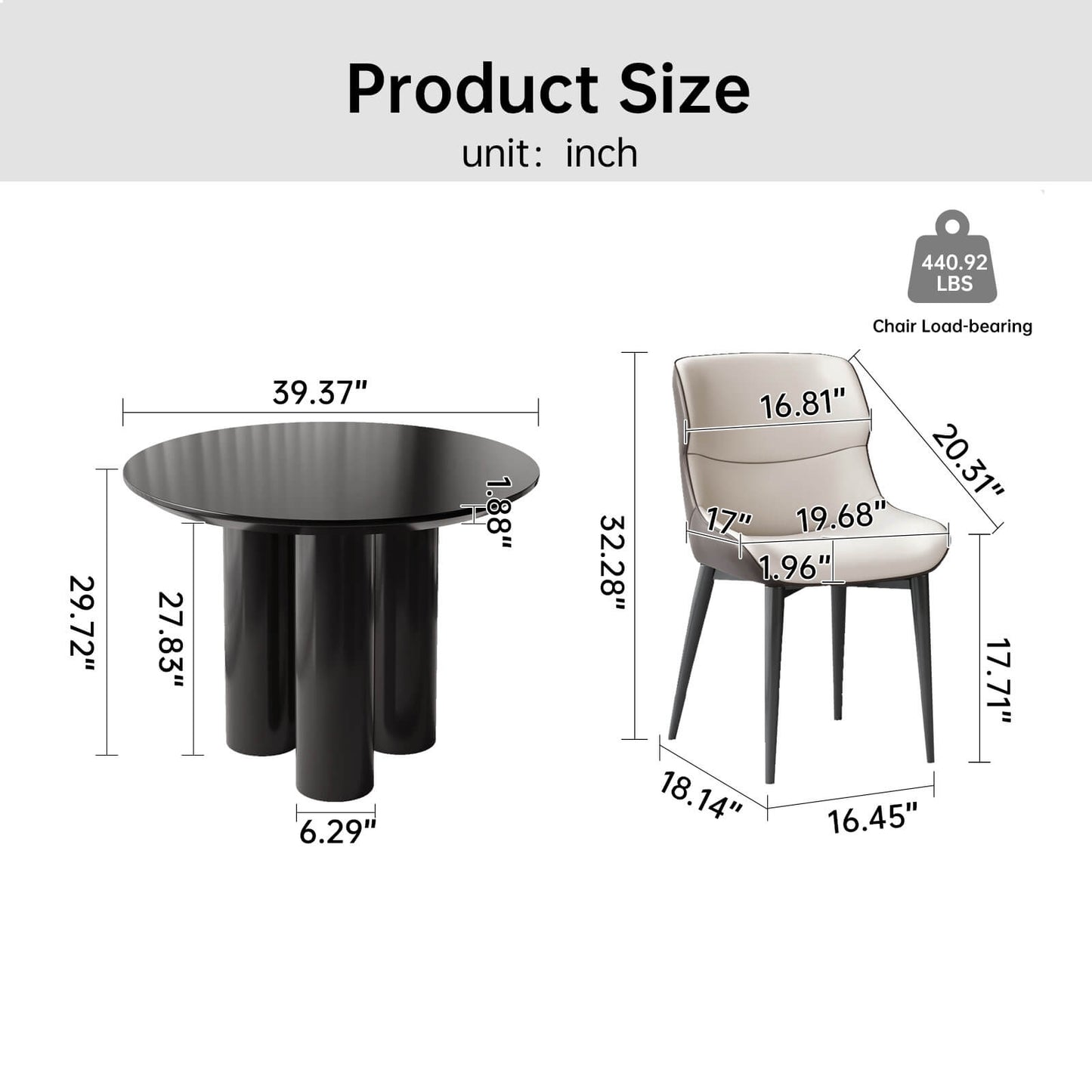 Guyii Modern Black Dining Table Set 39.37" with 2 Chairs for Kitchen