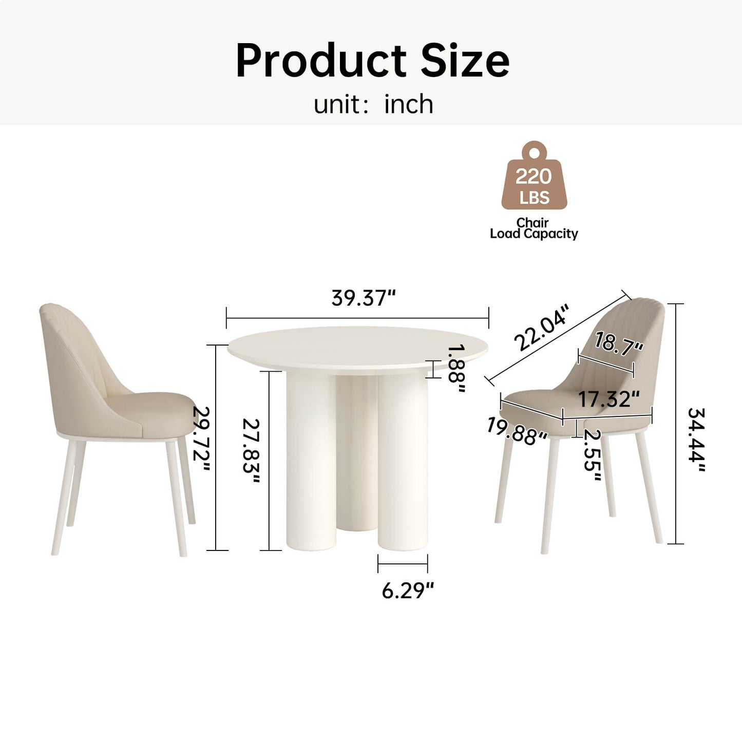 Guyii 39.37" Cream White Dining Table Set with 2 Chairs, Modern Kitchen Dining Set