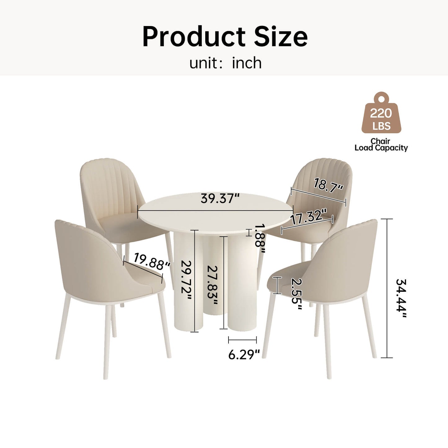 Guyii 39.37" Cream White Dining Table Set with 4 Chairs, Modern Kitchen Dining Set
