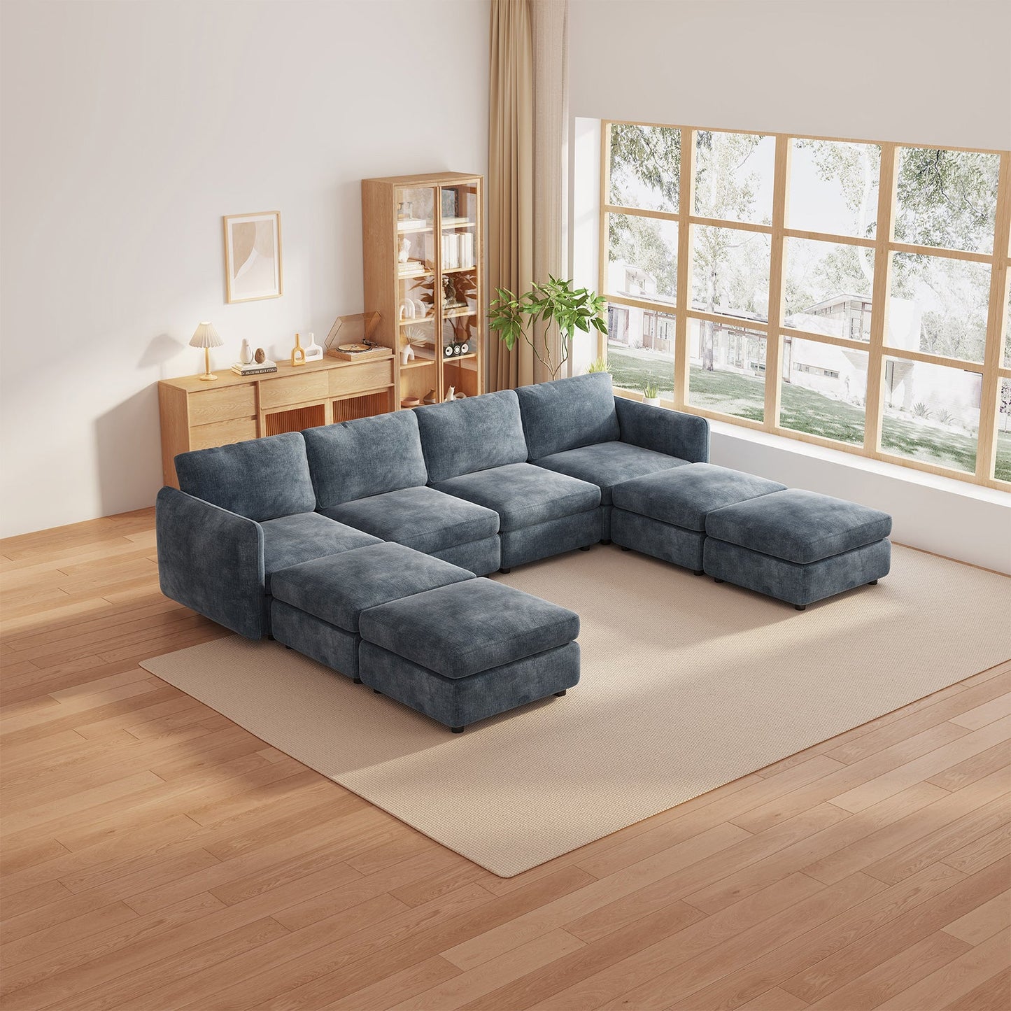 Guyii Oversized U-Shaped Modular Sectional Sofa with Storage Ottomans, 5-9 Seater Couch for Living Room, Blue Fabric, Easy Assembly