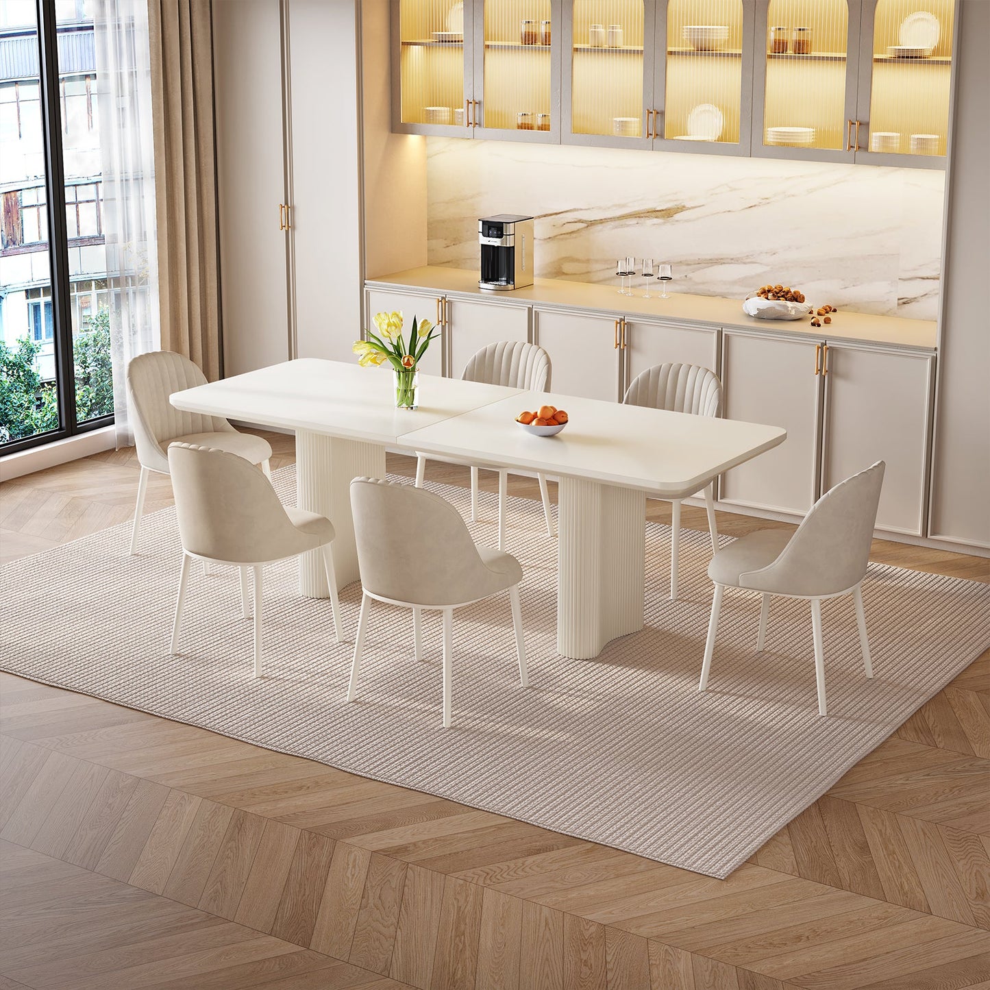 Guyii 63"-79" White Rectangular Dining Table, Modern Kitchen Table for Dining Room