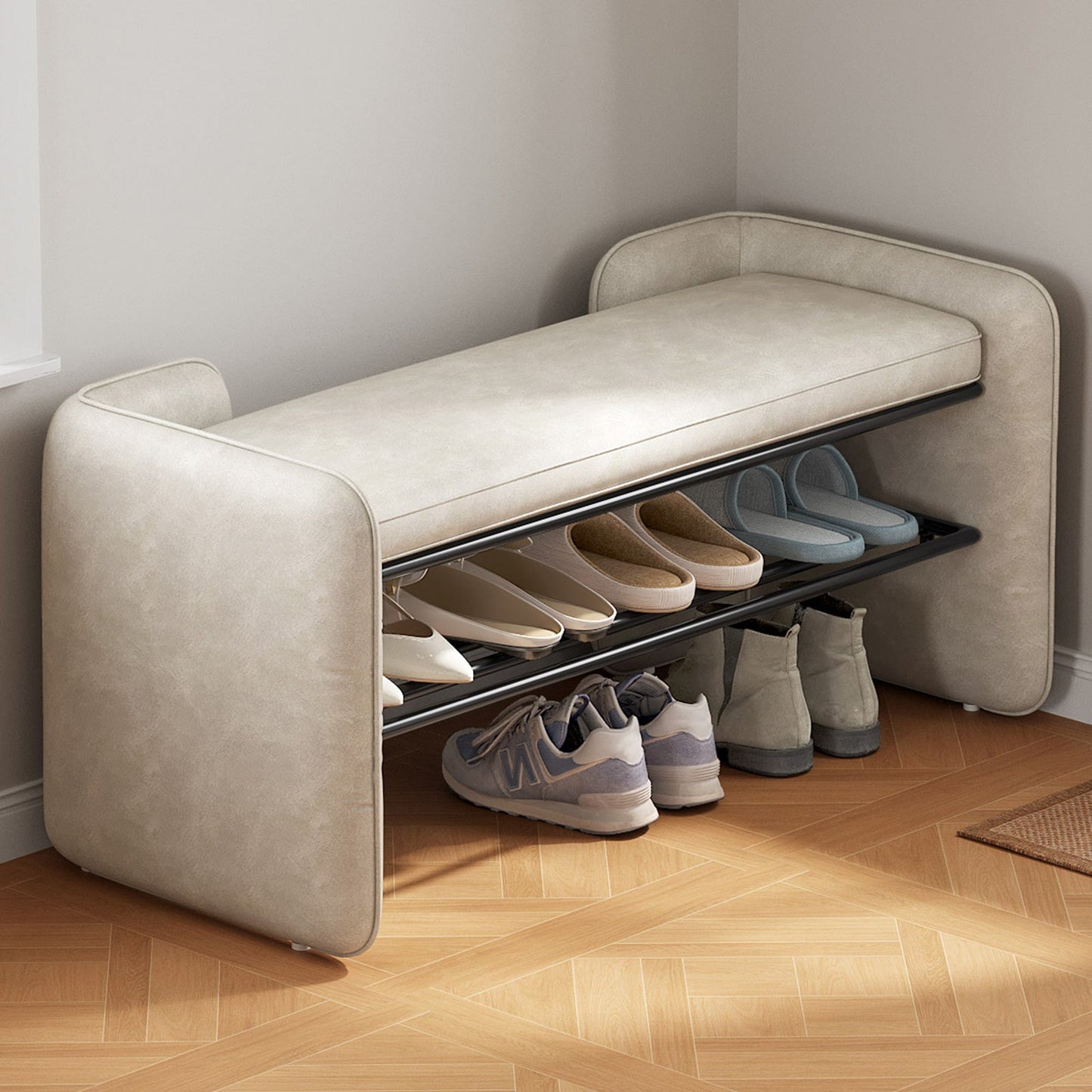 Guyii 47" Entryway Shoe Bench with Cushion, 1-Tier Storage Shelf & Hidden Compartment