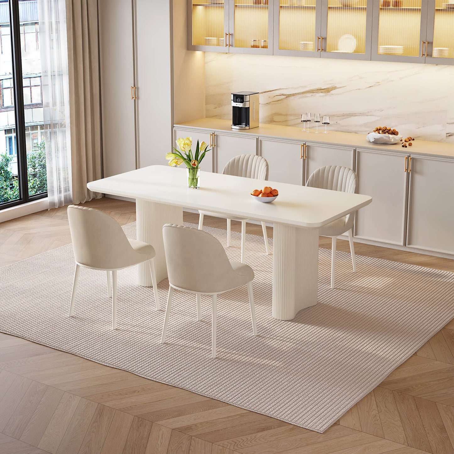 Guyii 62.99" White Rectangular Dining Table Set with 4 Chairs, Modern Kitchen Table Set