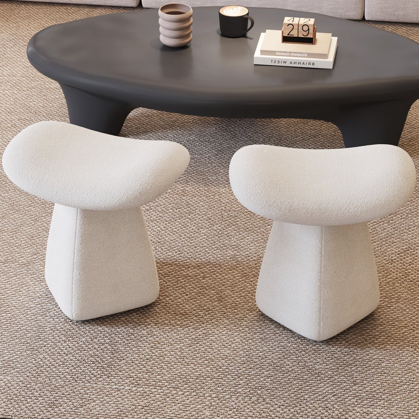 Guyii Boucle Curved Saddle Makeup Stool, Modern Footrest for Dressing Table, Entryway, Living Room