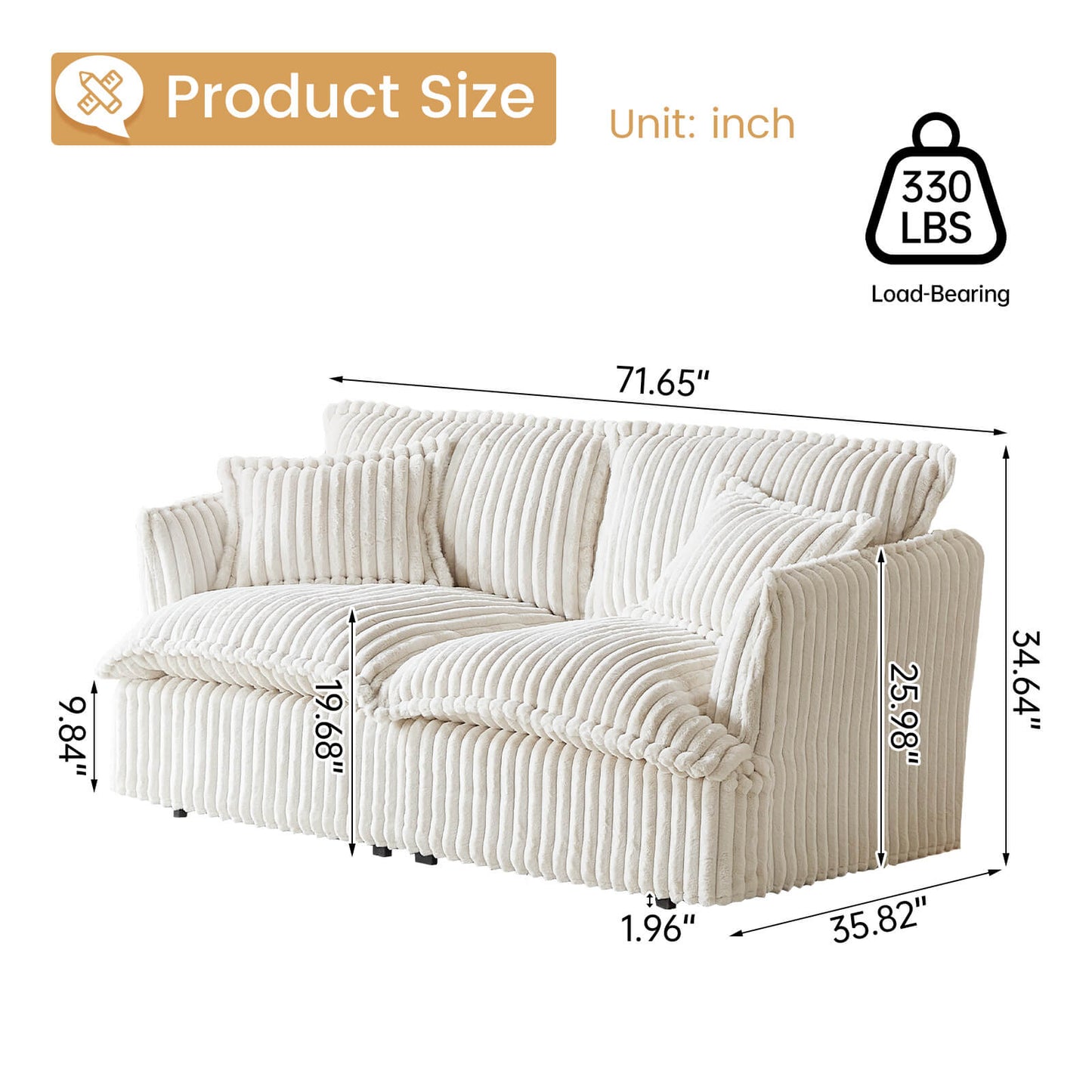 Guyii Oversized Loveseat Sofa with 2 Pillows, Faux Rabbit Fur Fabric Couch