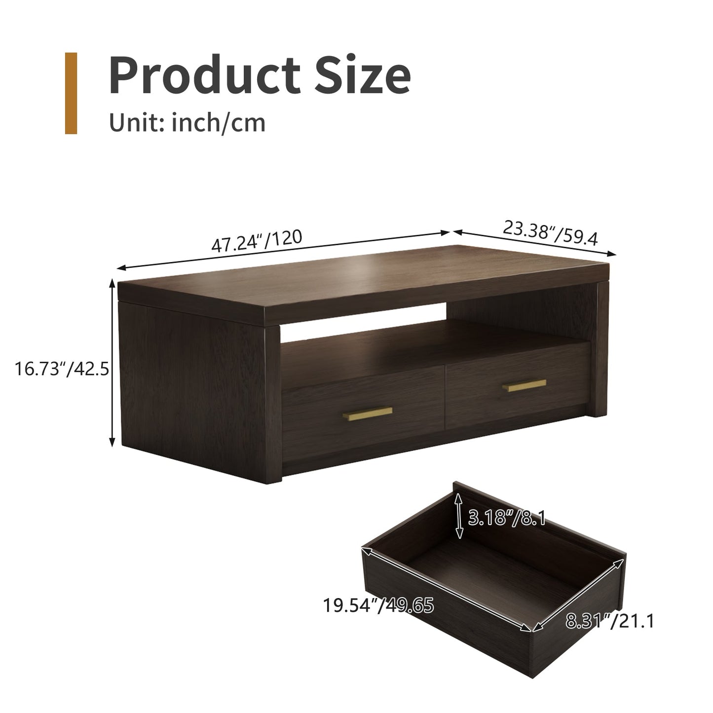 Guyii Walnut Brown Coffee Table with Storage, 47", 2 Drawers & Open Shelf